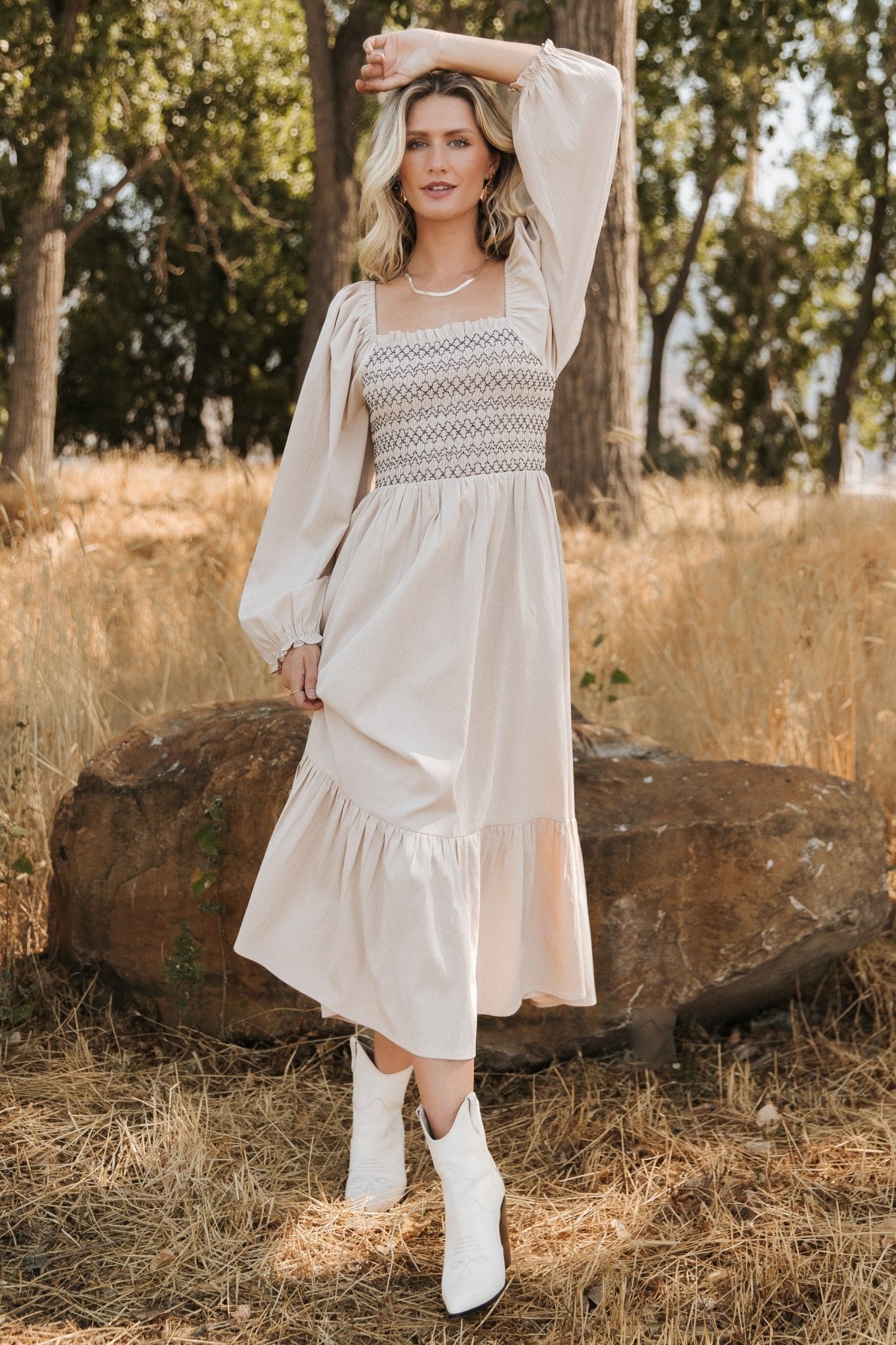 Natural Smocked Midi Dress with Ruffles – Emmeline Boho Style