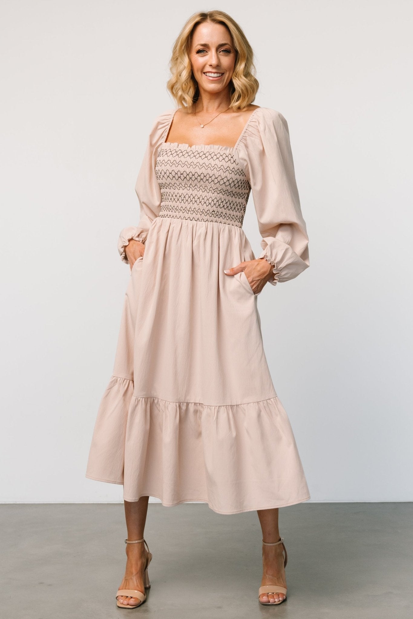 Natural Smocked Midi Dress with Ruffles – Emmeline Boho Style