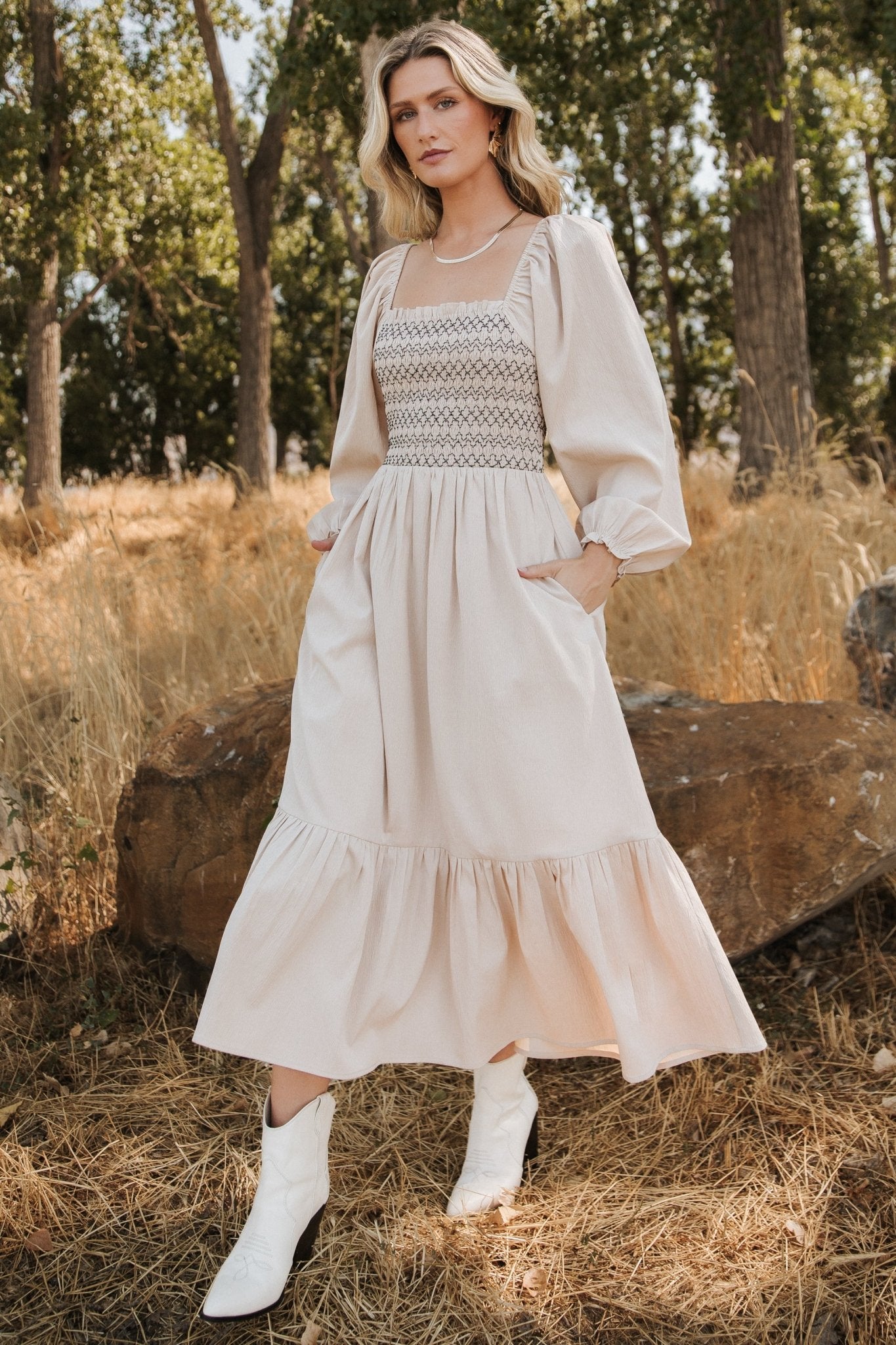 Natural Smocked Midi Dress with Ruffles – Emmeline Boho Style