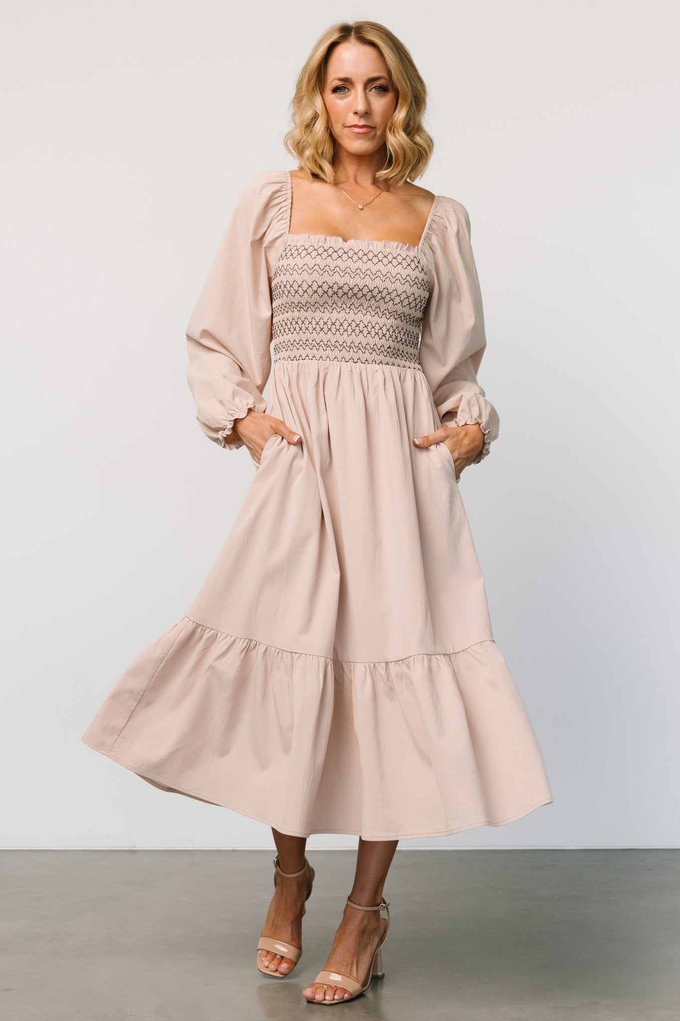 Natural Smocked Midi Dress with Ruffles – Emmeline Boho Style