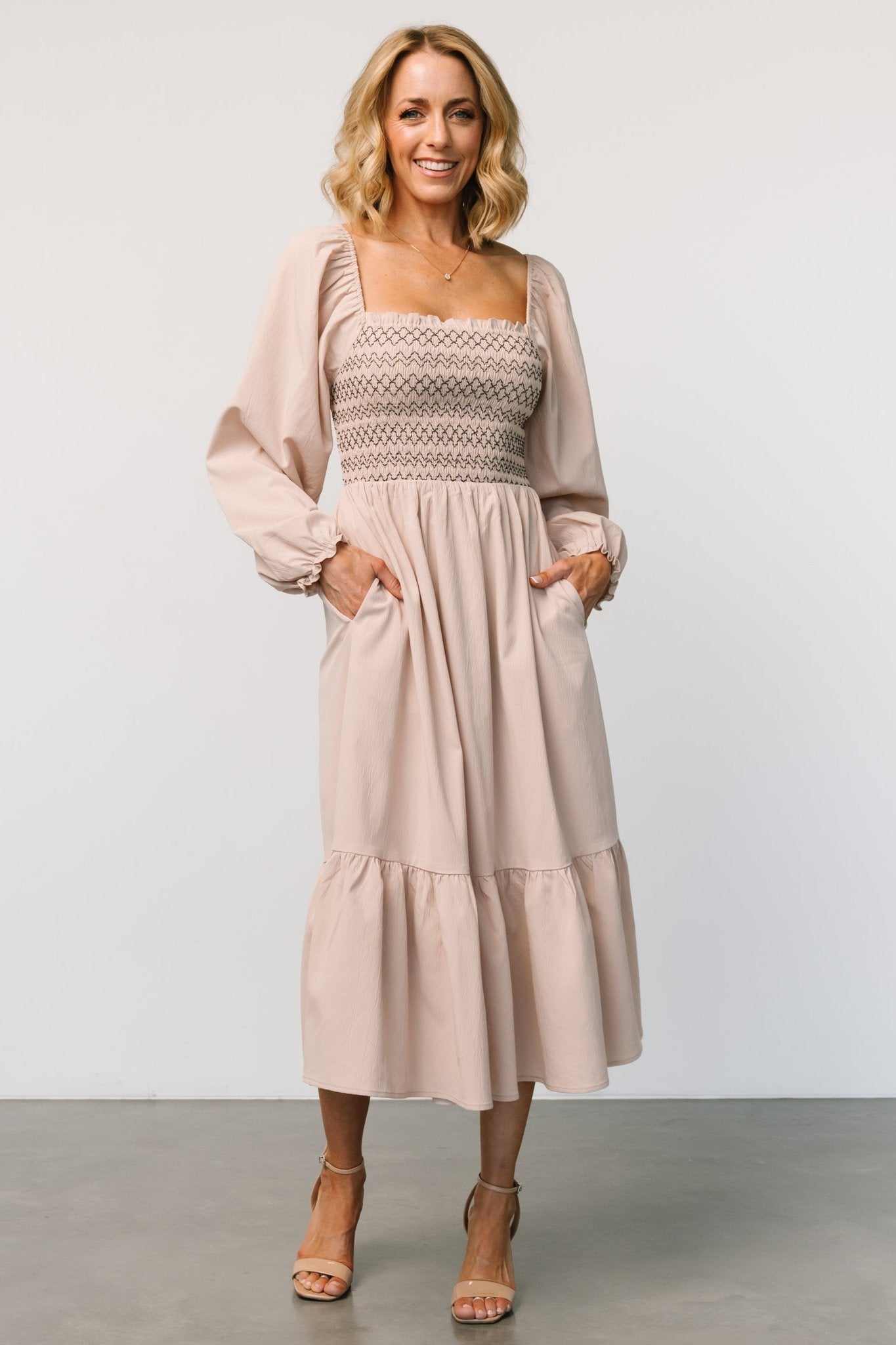 Natural Smocked Midi Dress with Ruffles – Emmeline Boho Style