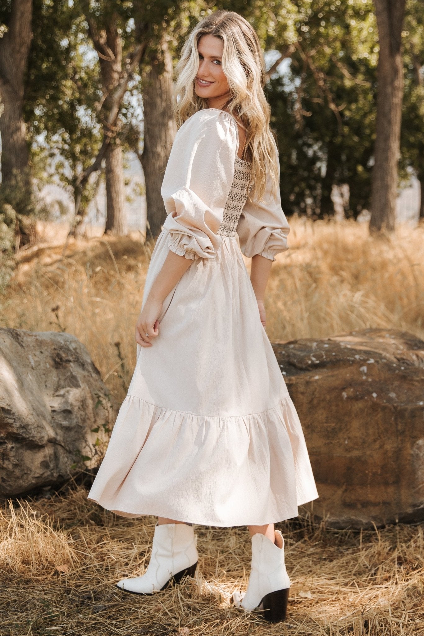 Natural Smocked Midi Dress with Ruffles – Emmeline Boho Style