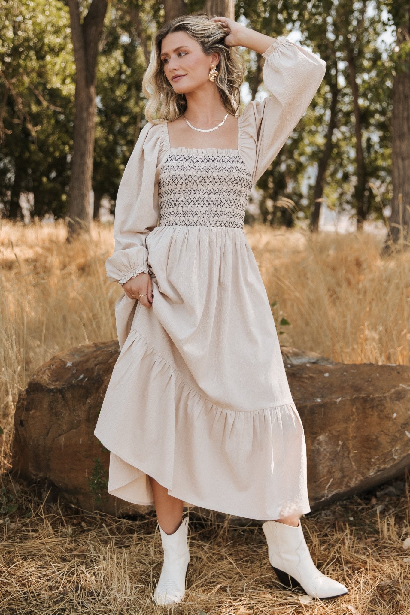 Natural Smocked Midi Dress with Ruffles – Emmeline Boho Style