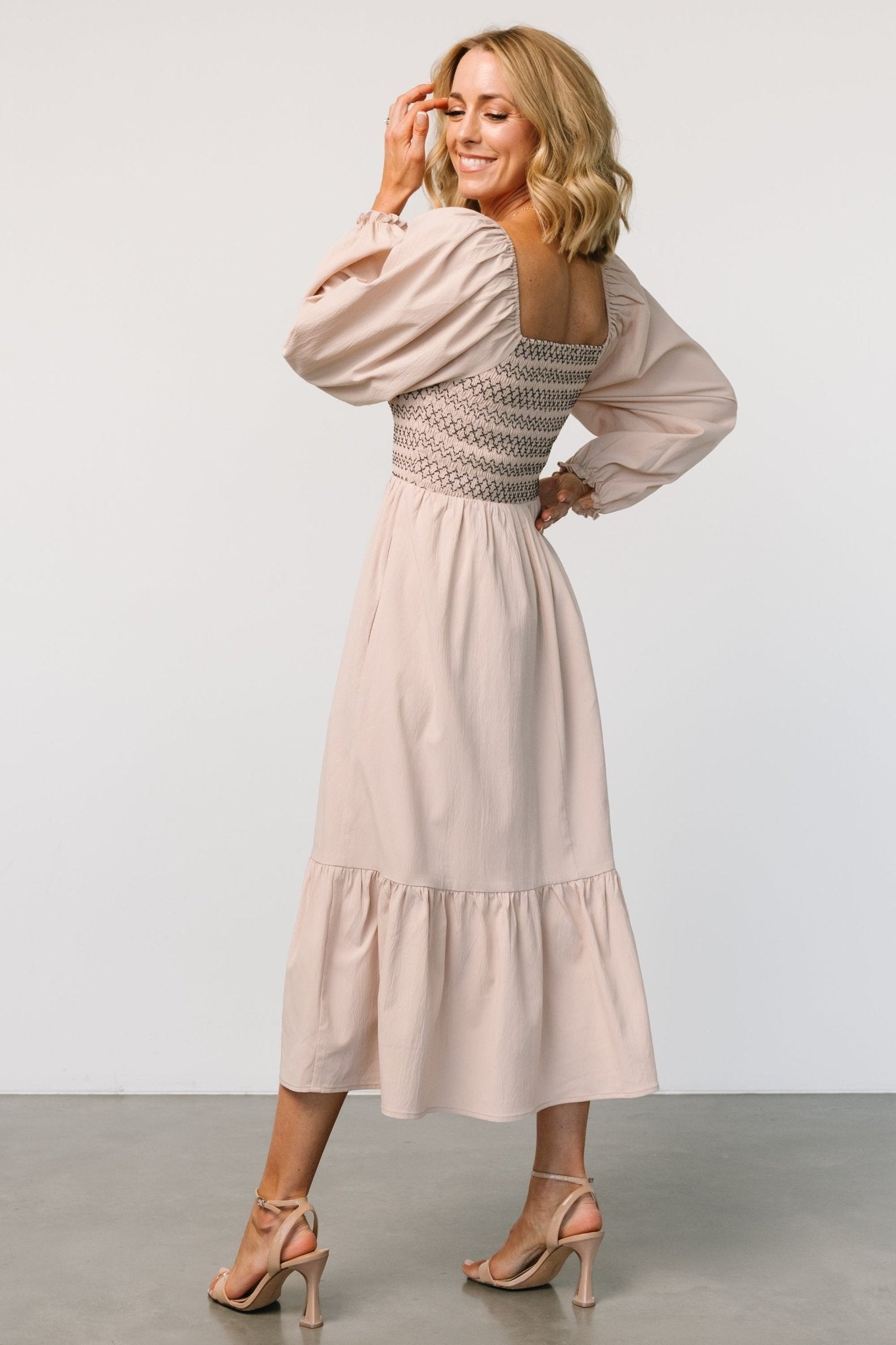 Natural Smocked Midi Dress with Ruffles – Emmeline Boho Style