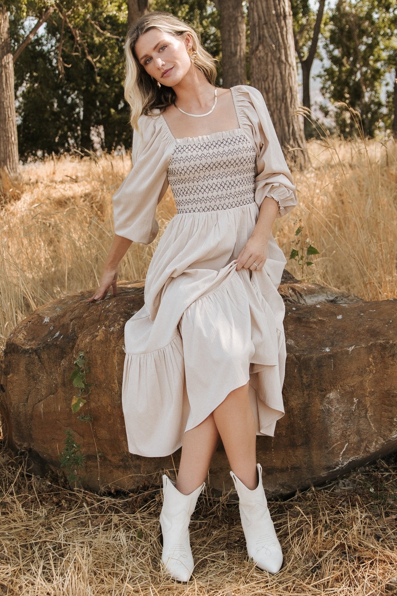 Natural Smocked Midi Dress with Ruffles – Emmeline Boho Style