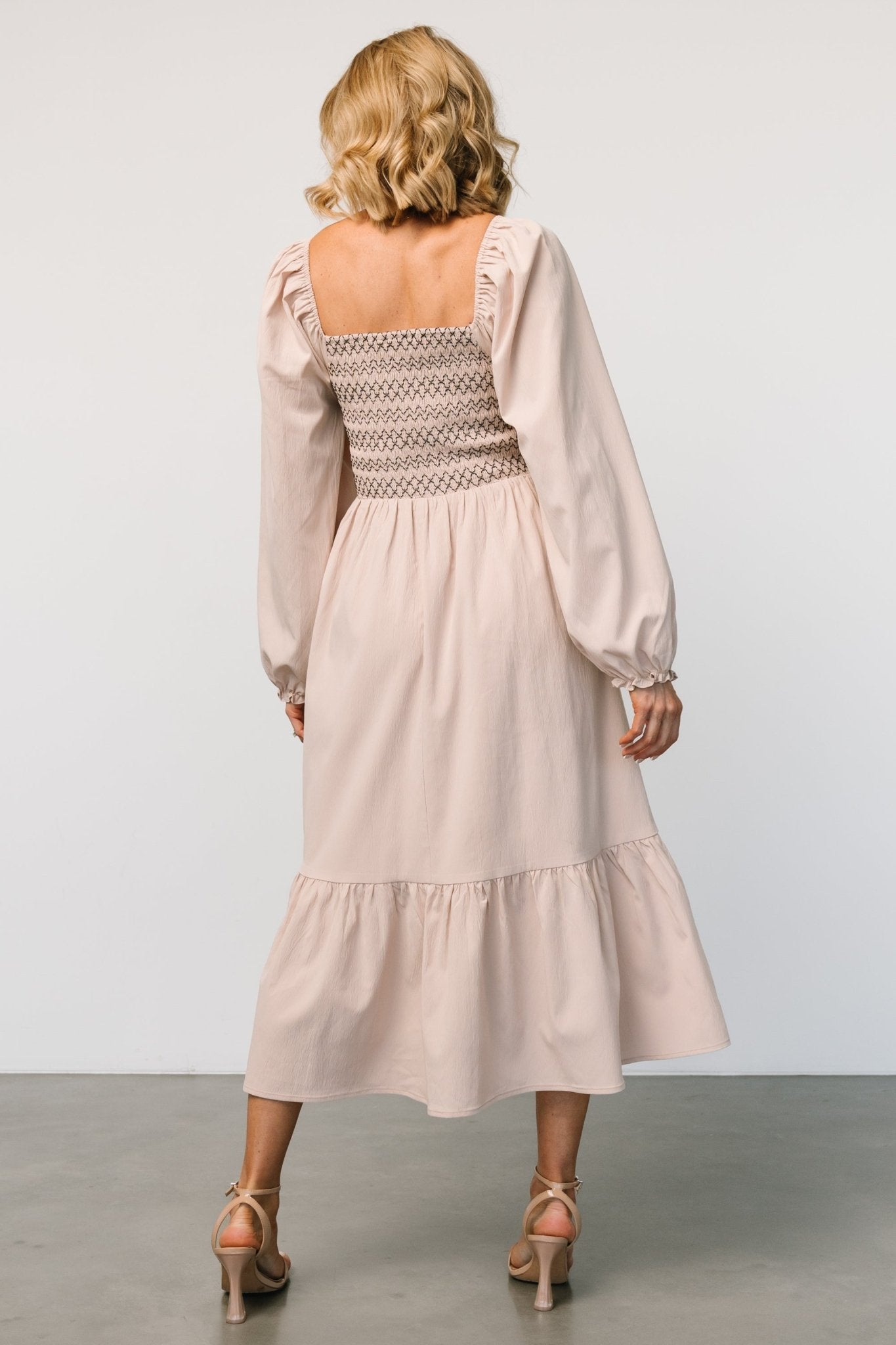 Natural Smocked Midi Dress with Ruffles – Emmeline Boho Style