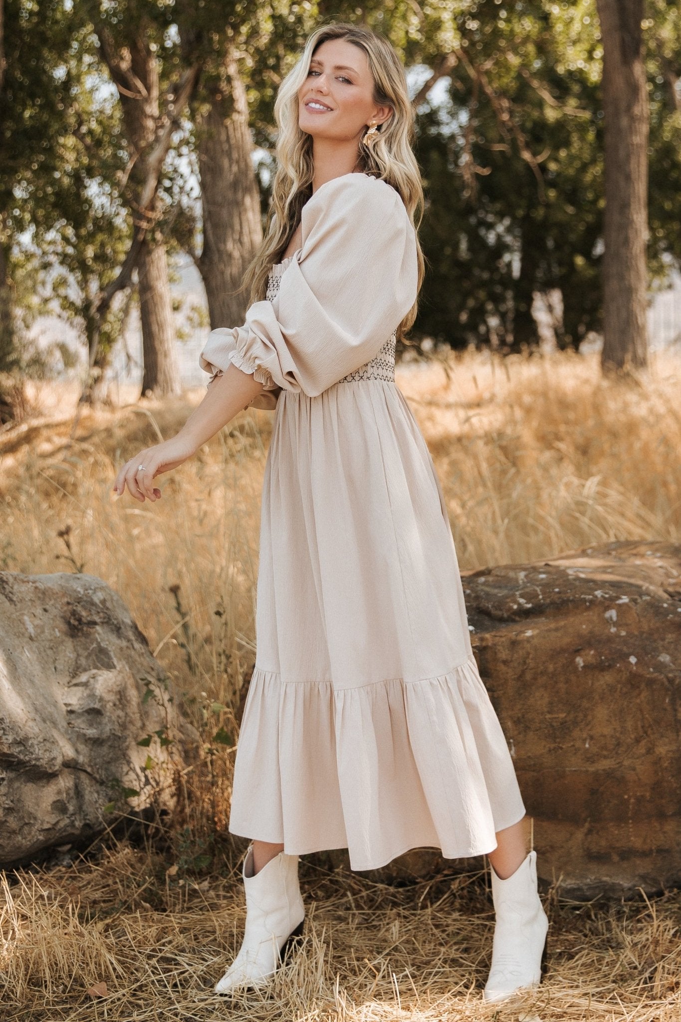 Natural Smocked Midi Dress with Ruffles – Emmeline Boho Style