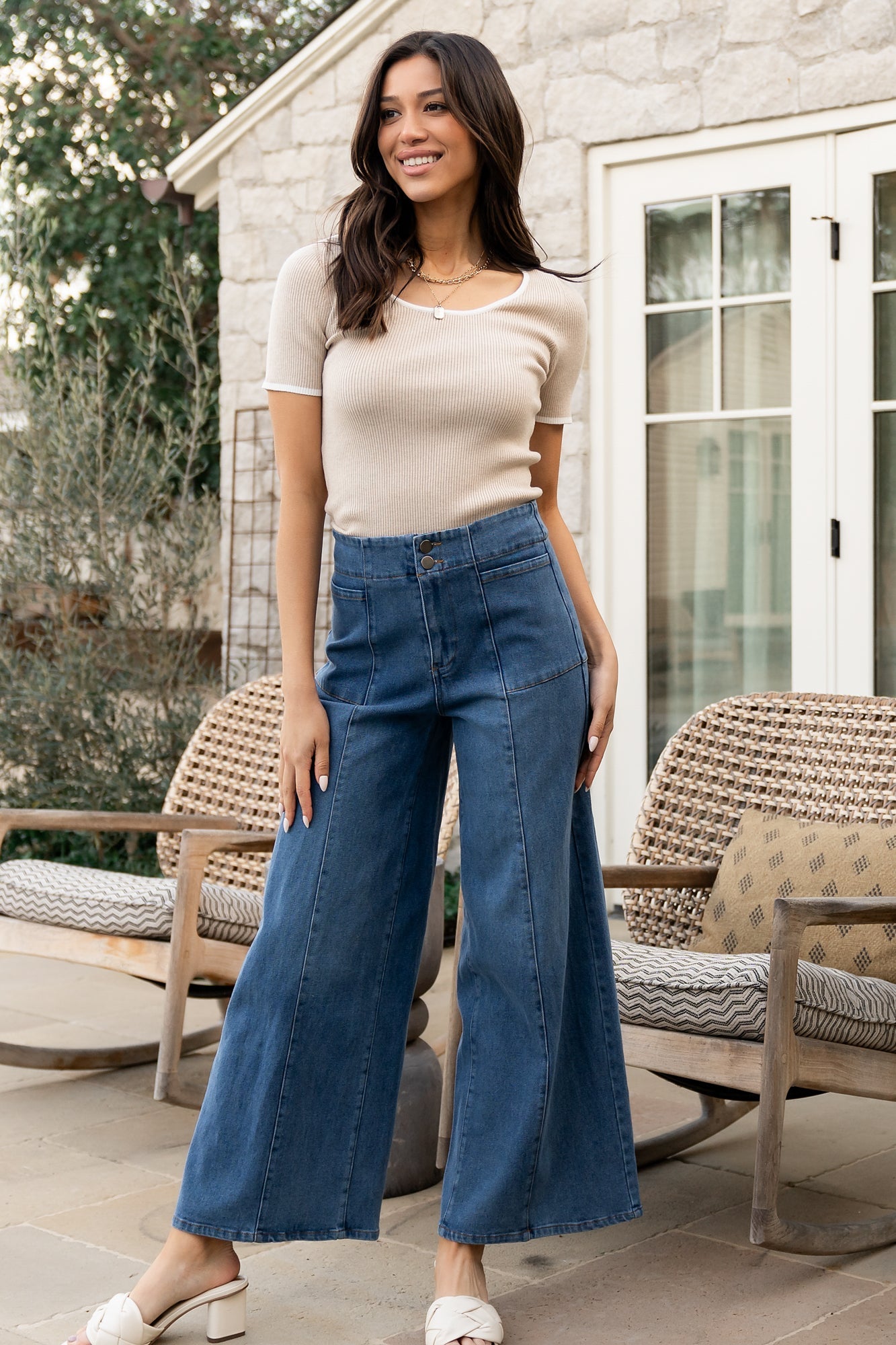 Emmi Dark Wash Wide Leg Jeans | Mid Rise Flared Denim