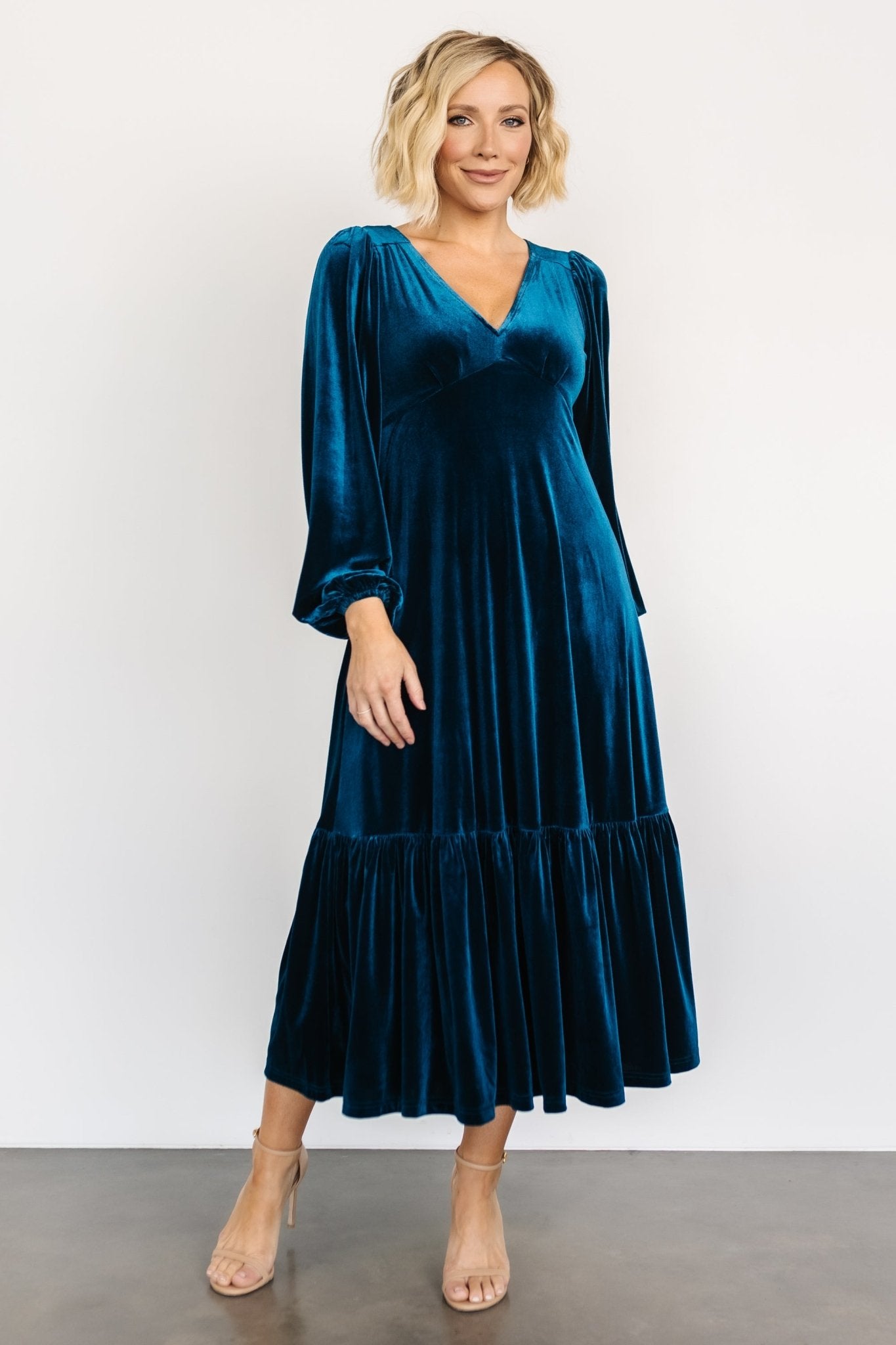 Baltic Born Sapphire Velvet Maxi Dress with Deep-V Neckline