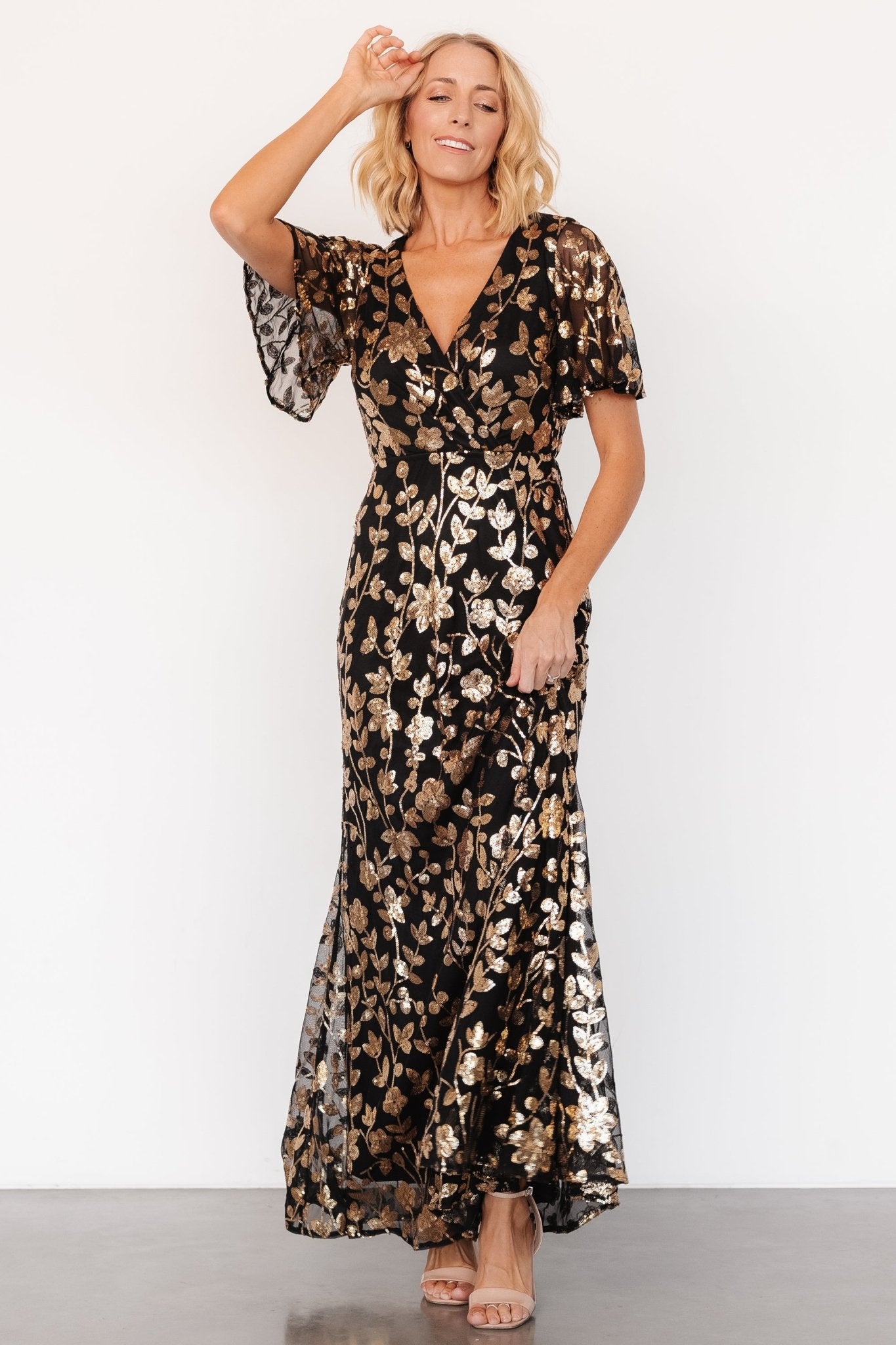 Black Gold Sequin Dress for Weddings | Baltic Born Esme Style