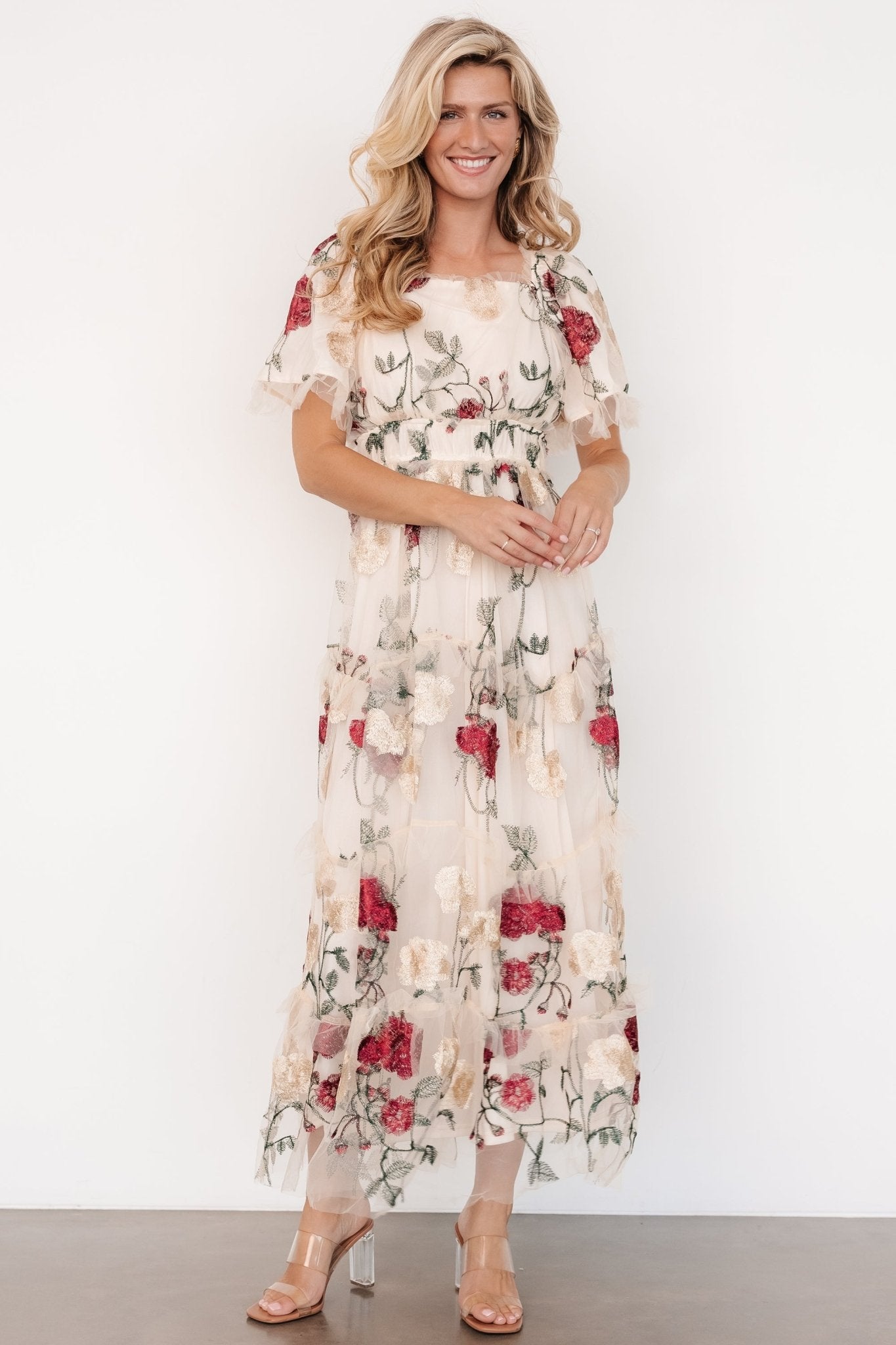 Allison Floral Embroidered Cream Tulle Maxi Dress for Special Occasions