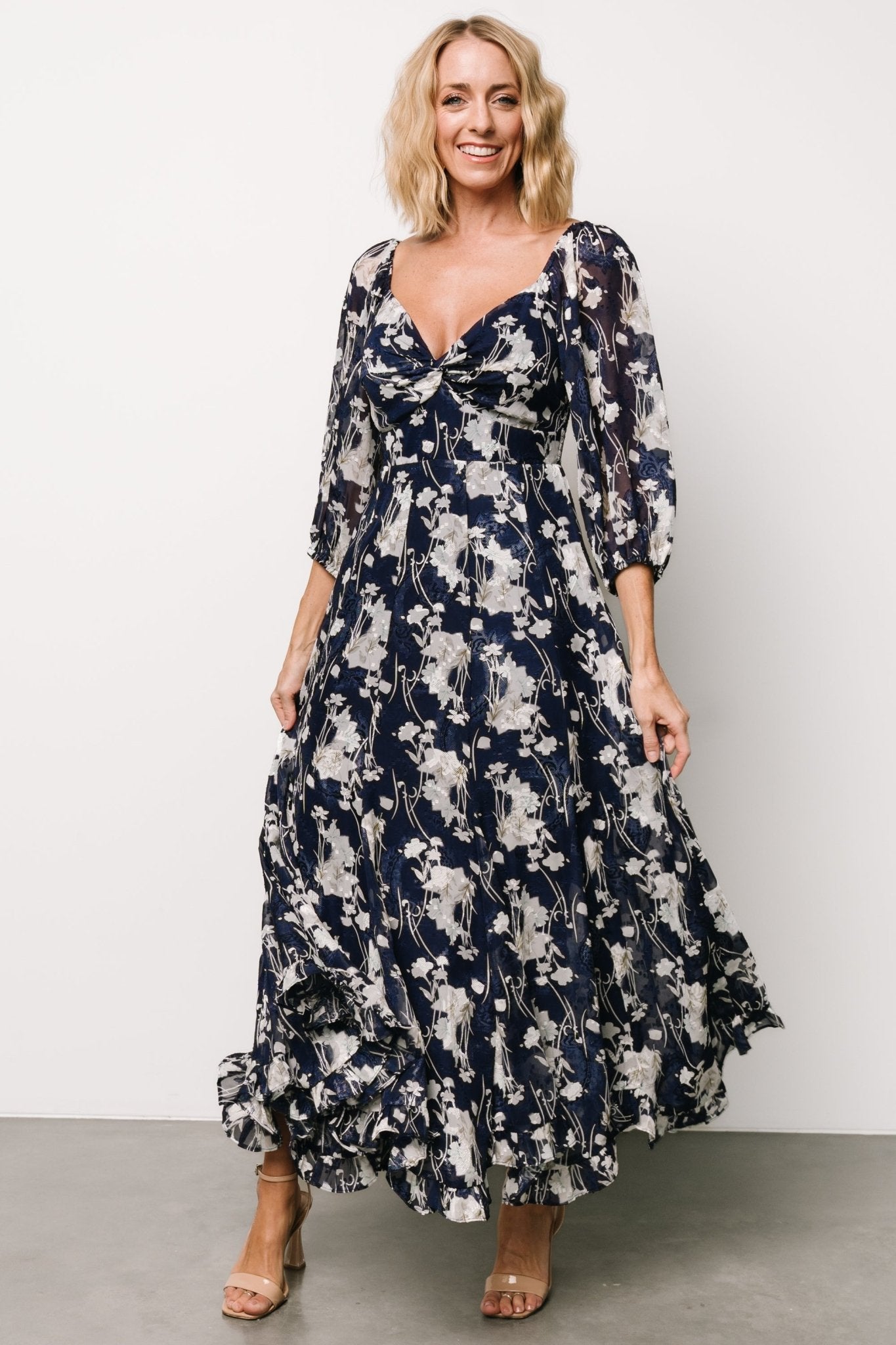 Navy Floral Maxi Dress with Sweetheart Neckline | Estefania