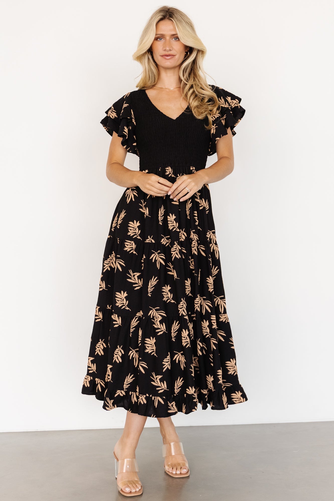Baltic Born Black Tan Leaf Print Smocked Midi Dress