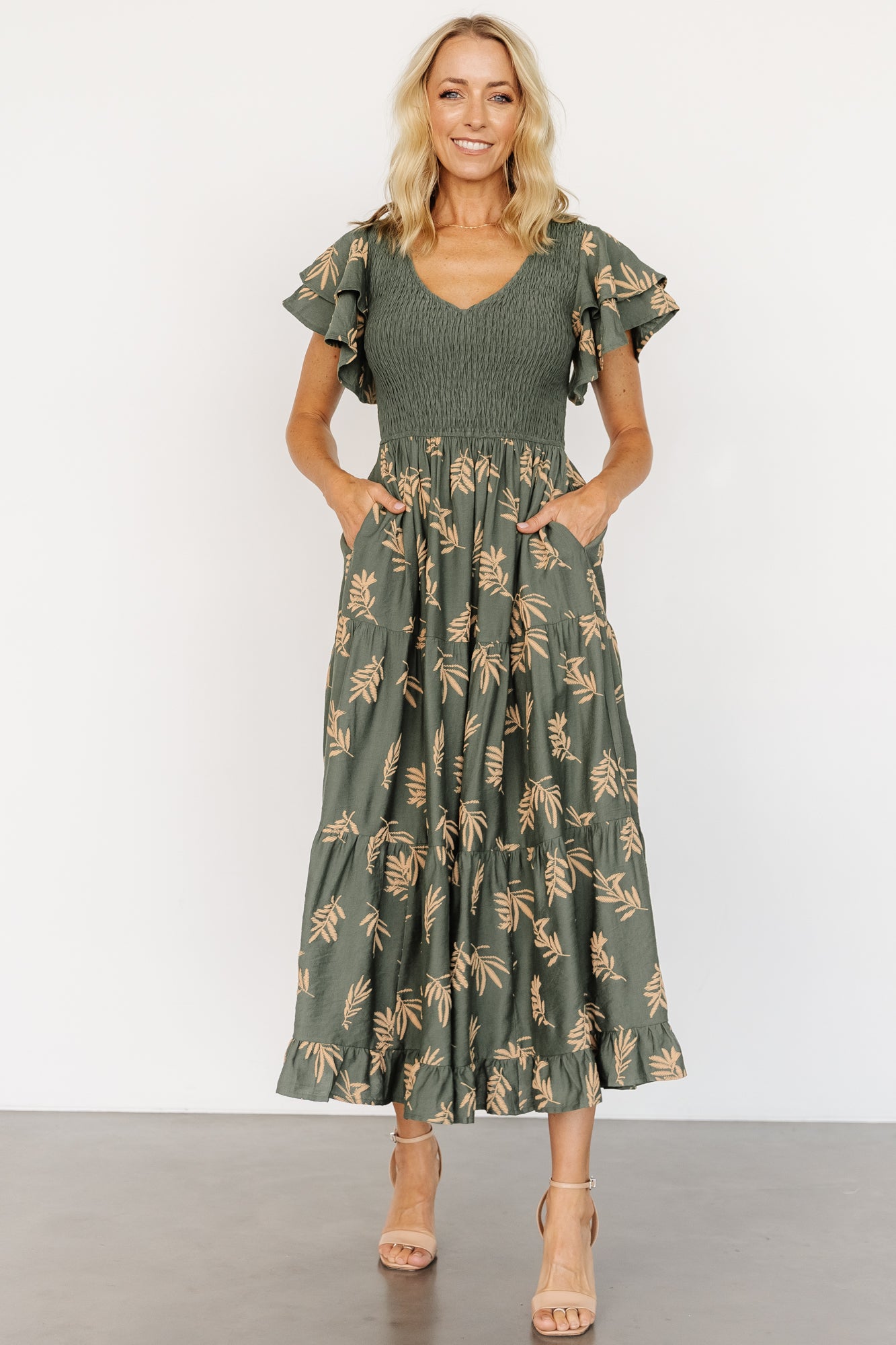 Baltic Born Estelle Green Leaf Print Smocked Midi Dress