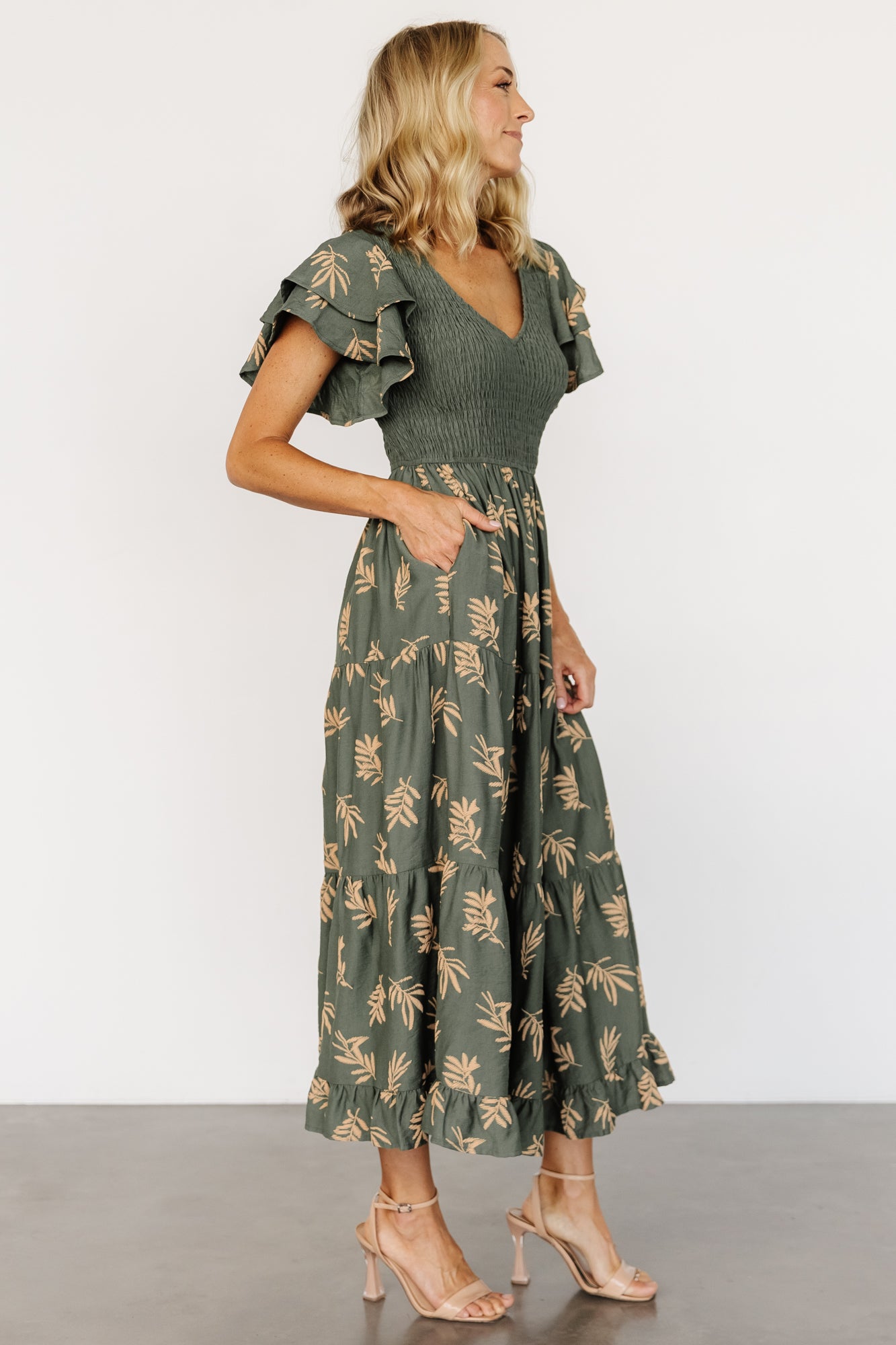 Baltic Born Estelle Green Leaf Print Smocked Midi Dress