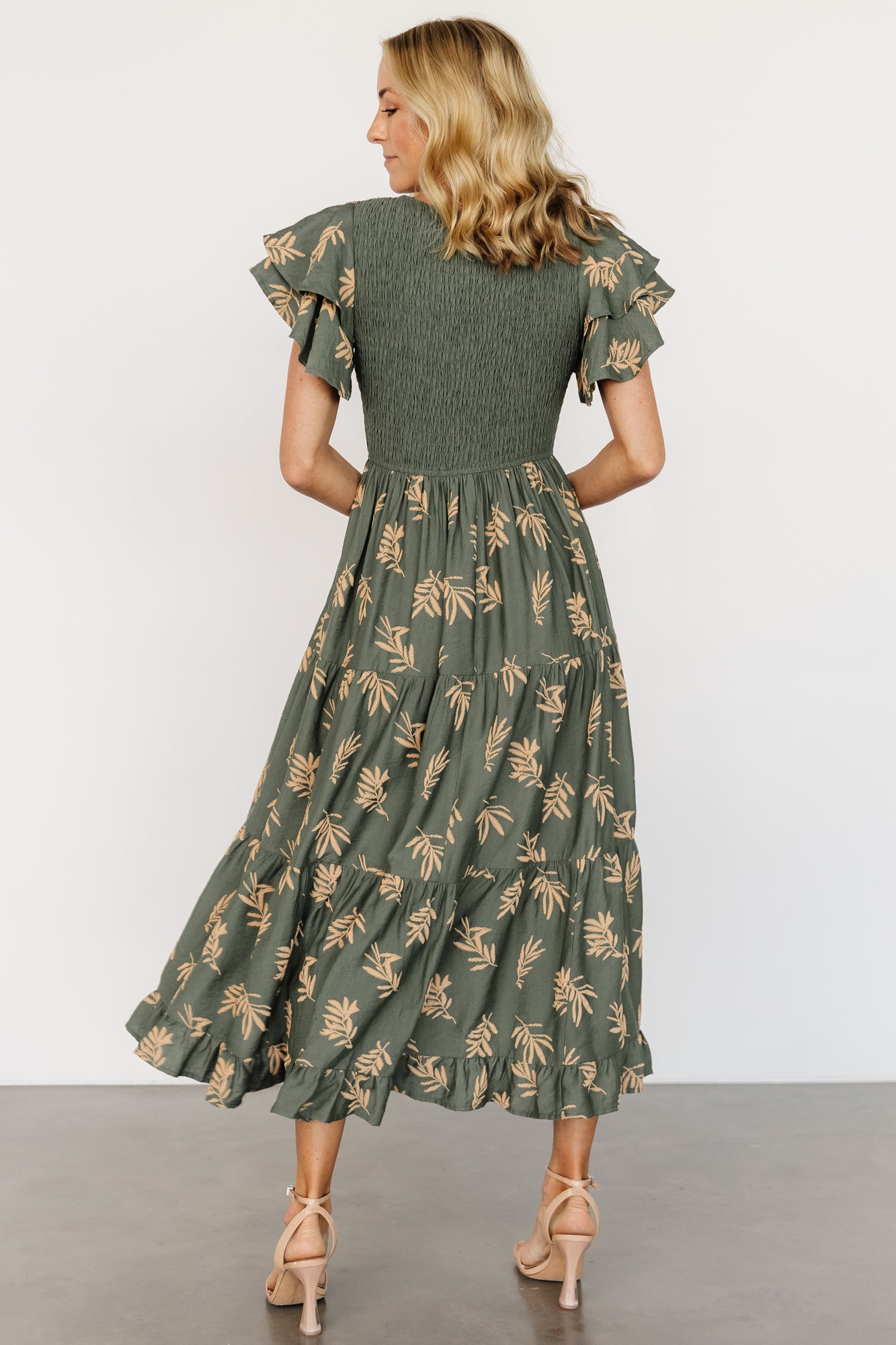 Baltic Born Estelle Green Leaf Print Smocked Midi Dress