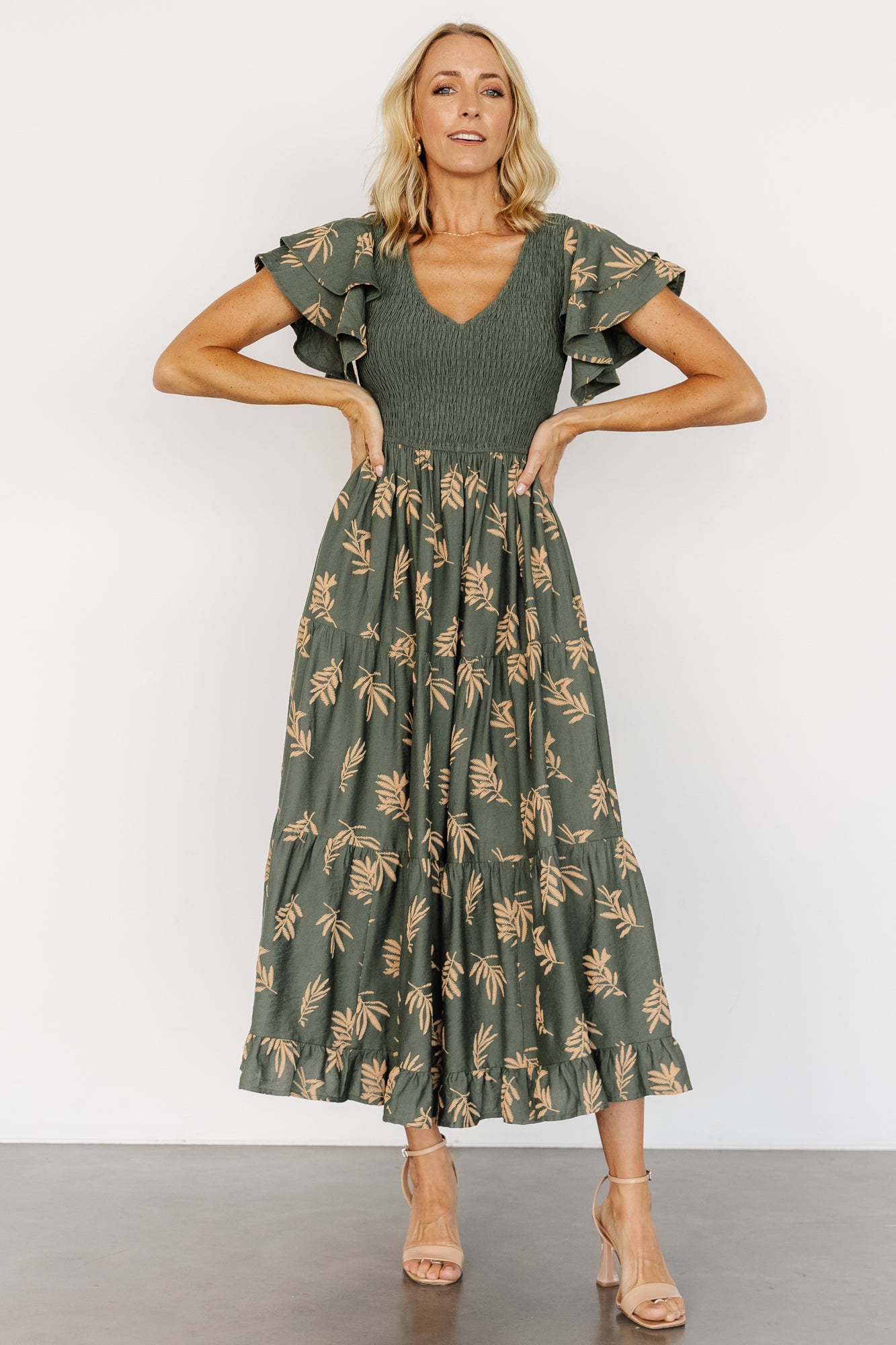 Baltic Born Estelle Green Leaf Print Smocked Midi Dress