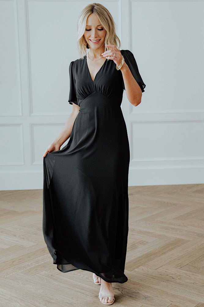 Black Chiffon Maxi Dress with V-Neck & Flutter Sleeves – Baltic Born