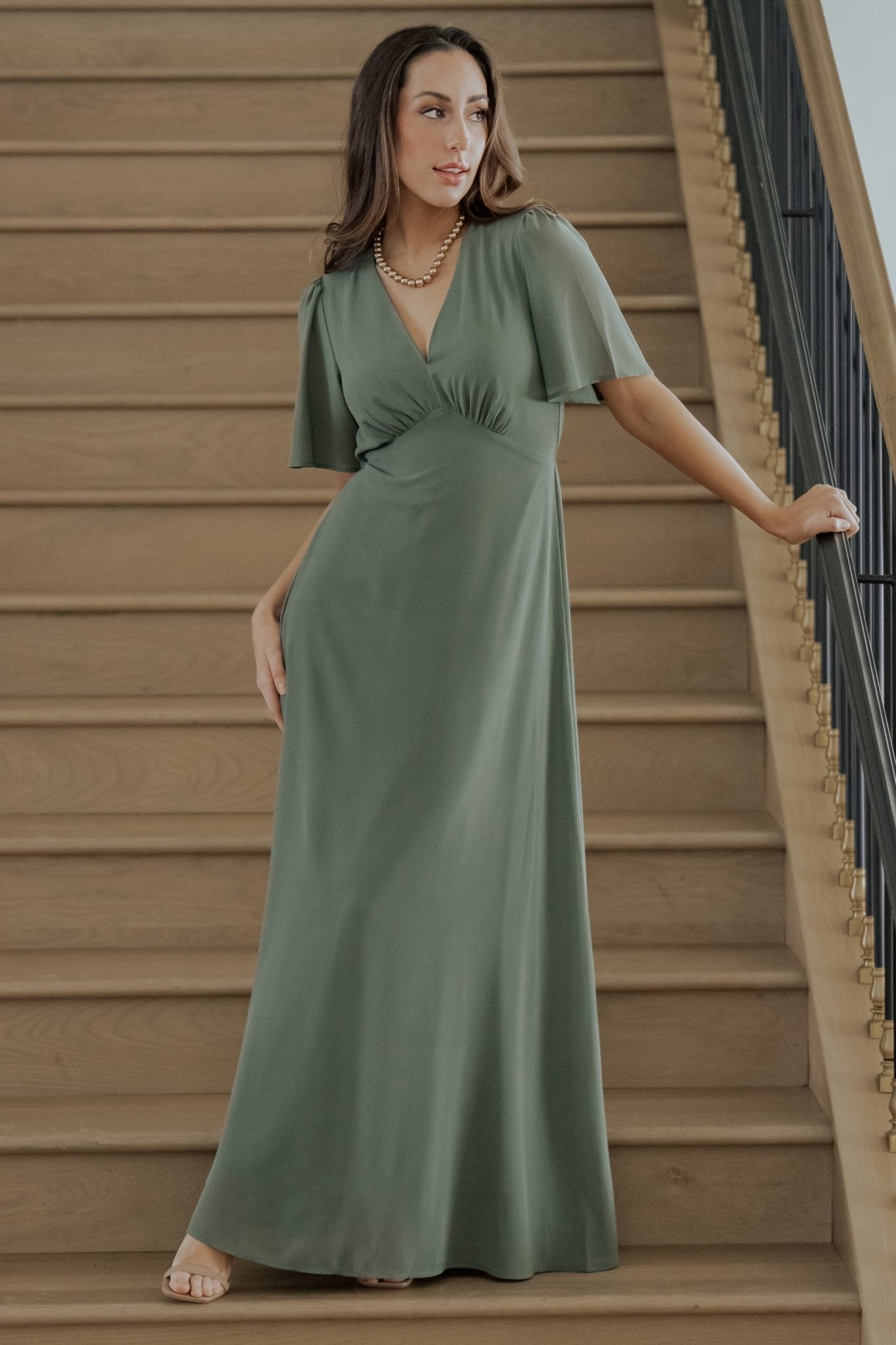 Baltic Born Esti Maxi Dress in Dark Sage – Chiffon V-Neck