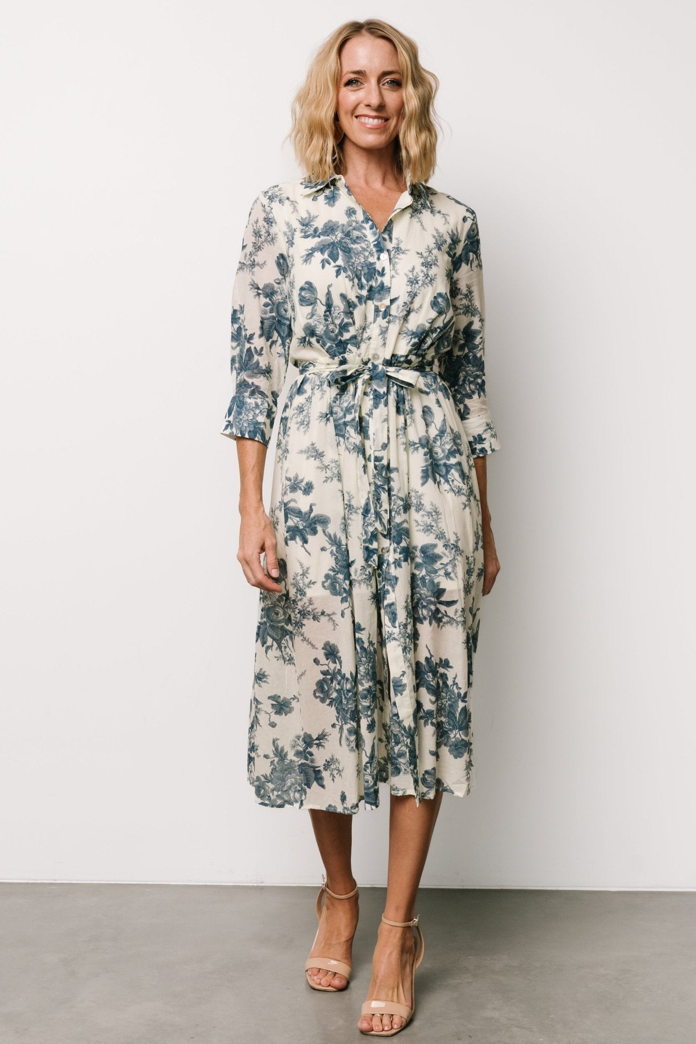 Eunice Ivory Blue Floral Cotton Midi Dress with Removable Sash