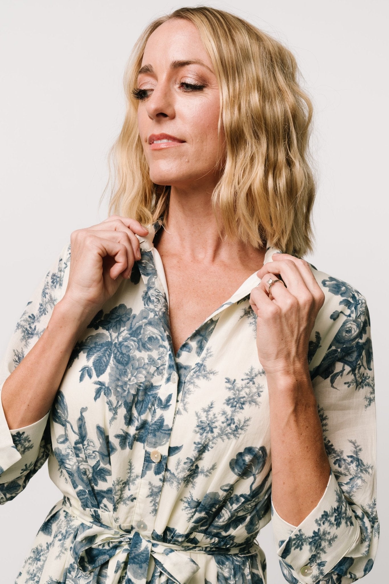 Eunice Ivory Blue Floral Cotton Midi Dress with Removable Sash