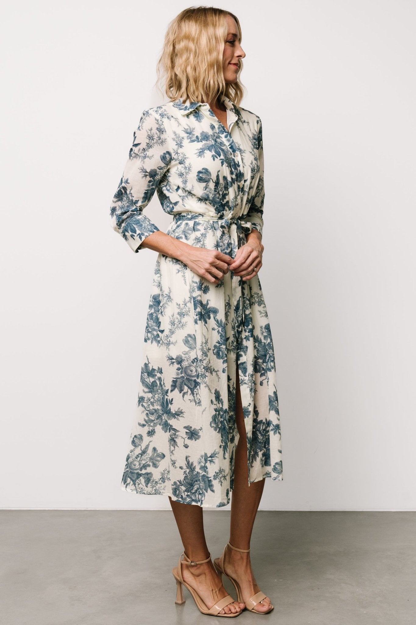 Eunice Ivory Blue Floral Cotton Midi Dress with Removable Sash