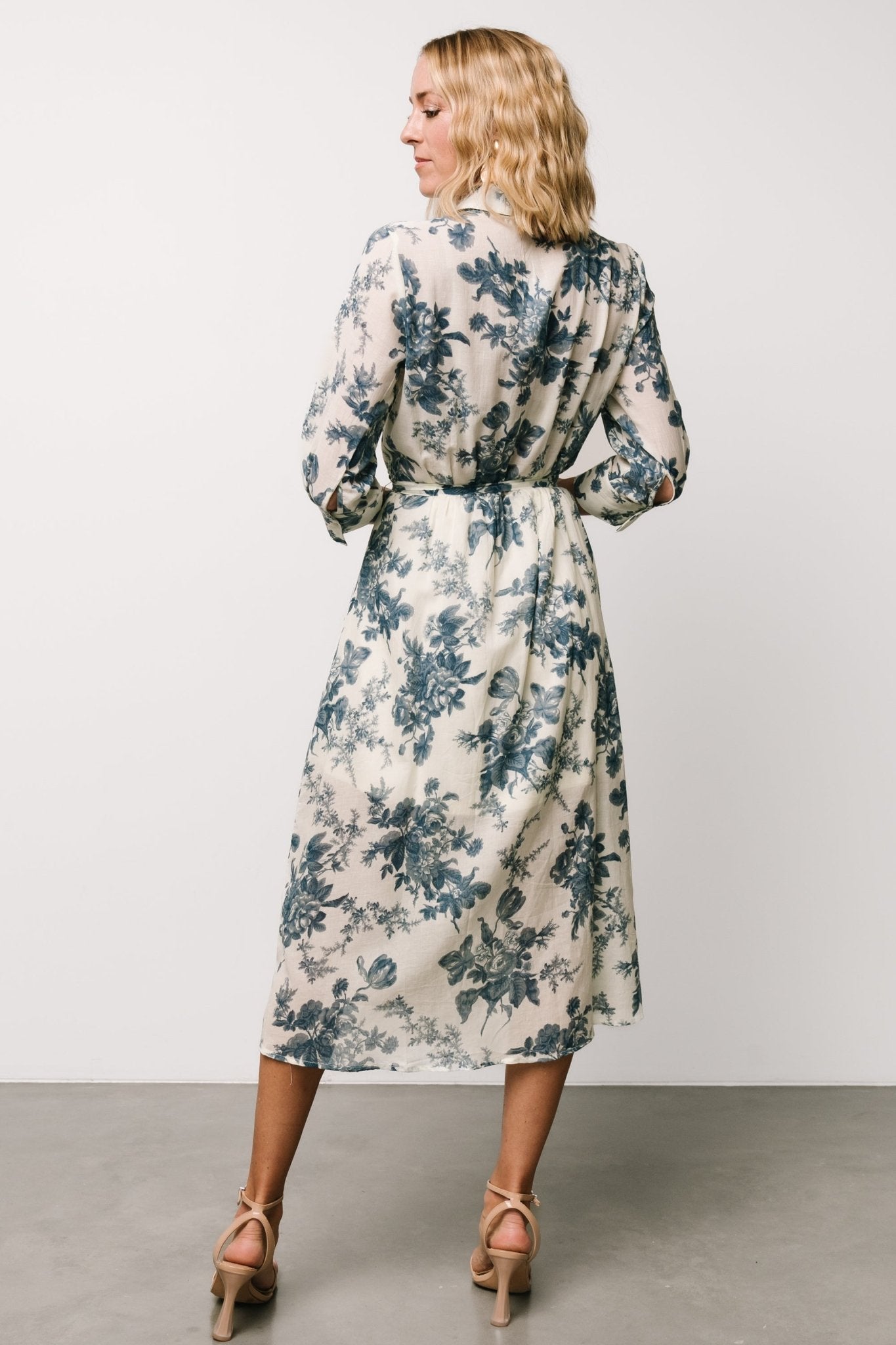 Eunice Ivory Blue Floral Cotton Midi Dress with Removable Sash