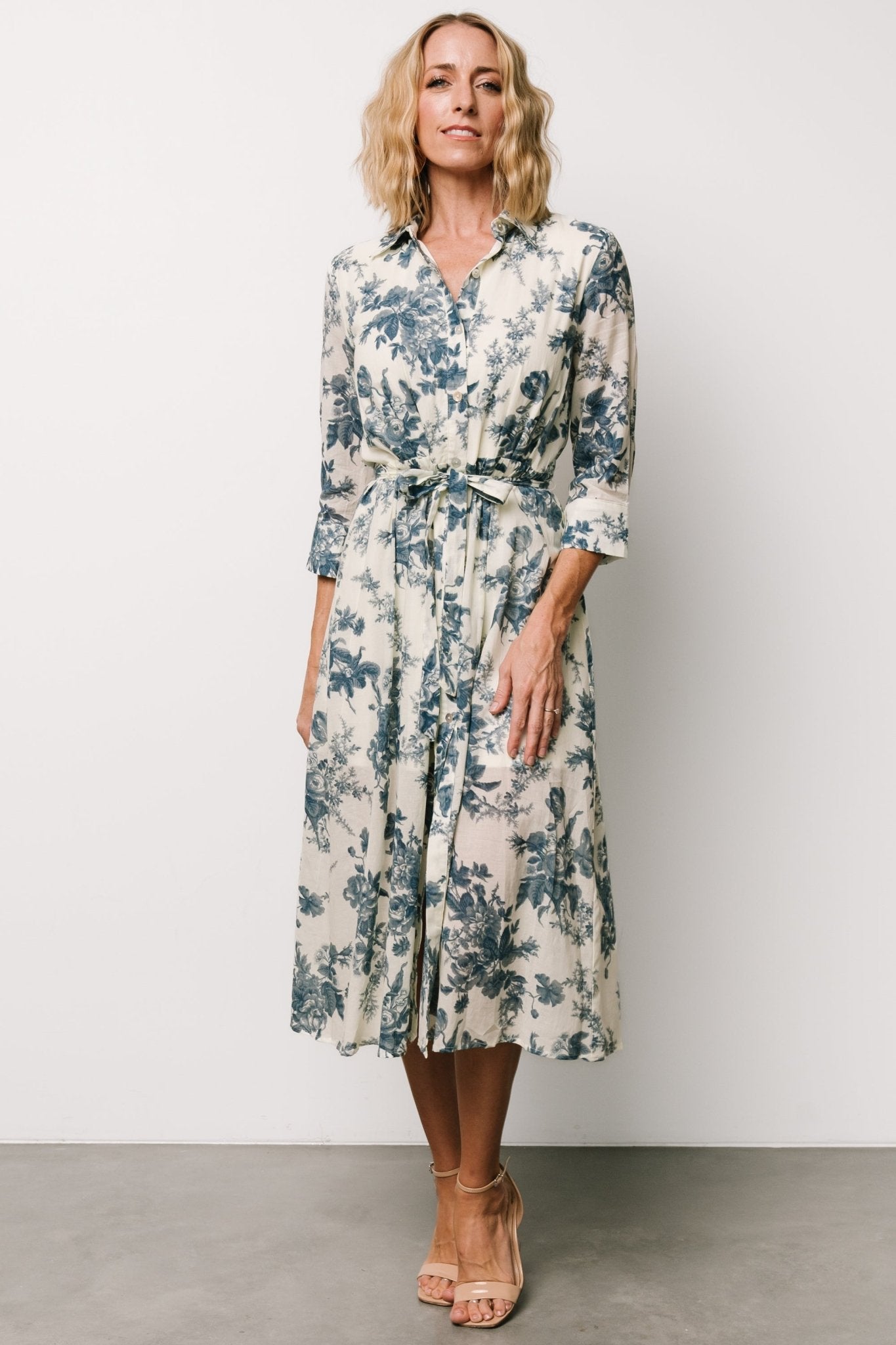 Eunice Ivory Blue Floral Cotton Midi Dress with Removable Sash