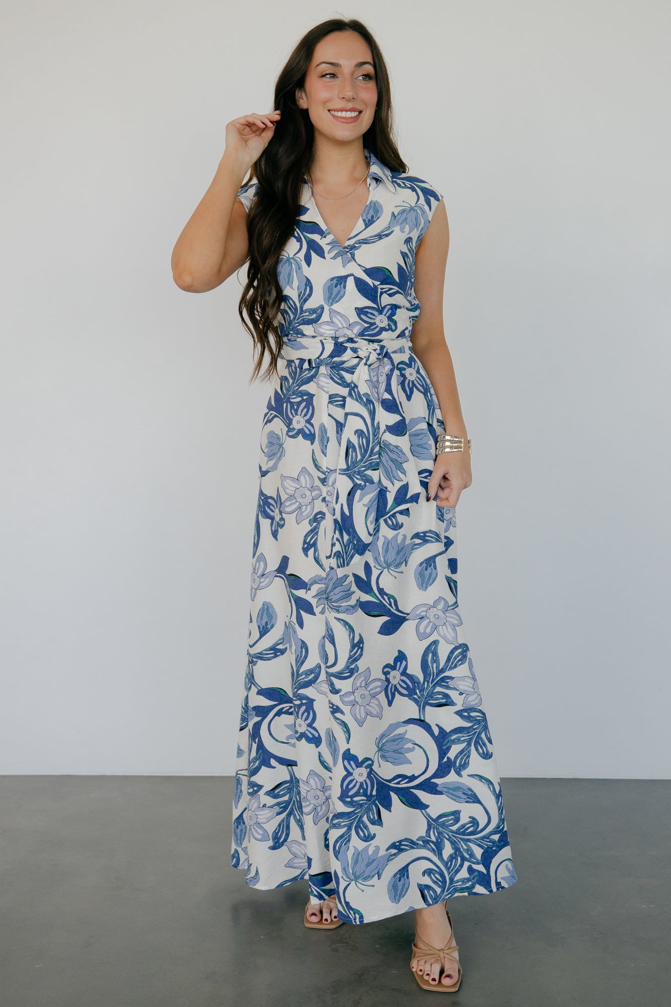 Floral Wrap Maxi Dress in Ivory & Blue | Linen-Blend Vacation Dress