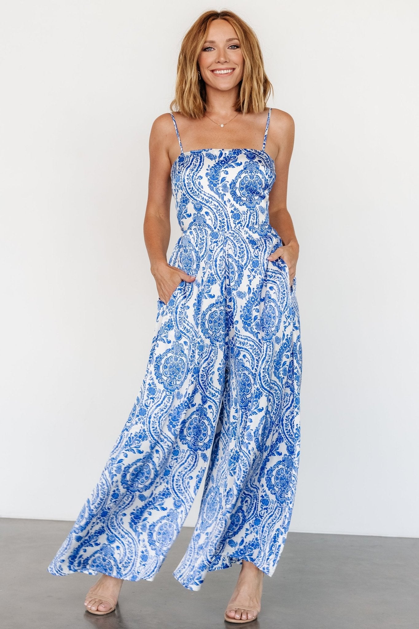 Evia Satin Jumpsuit with Adjustable Straps & Pockets - Blue Print