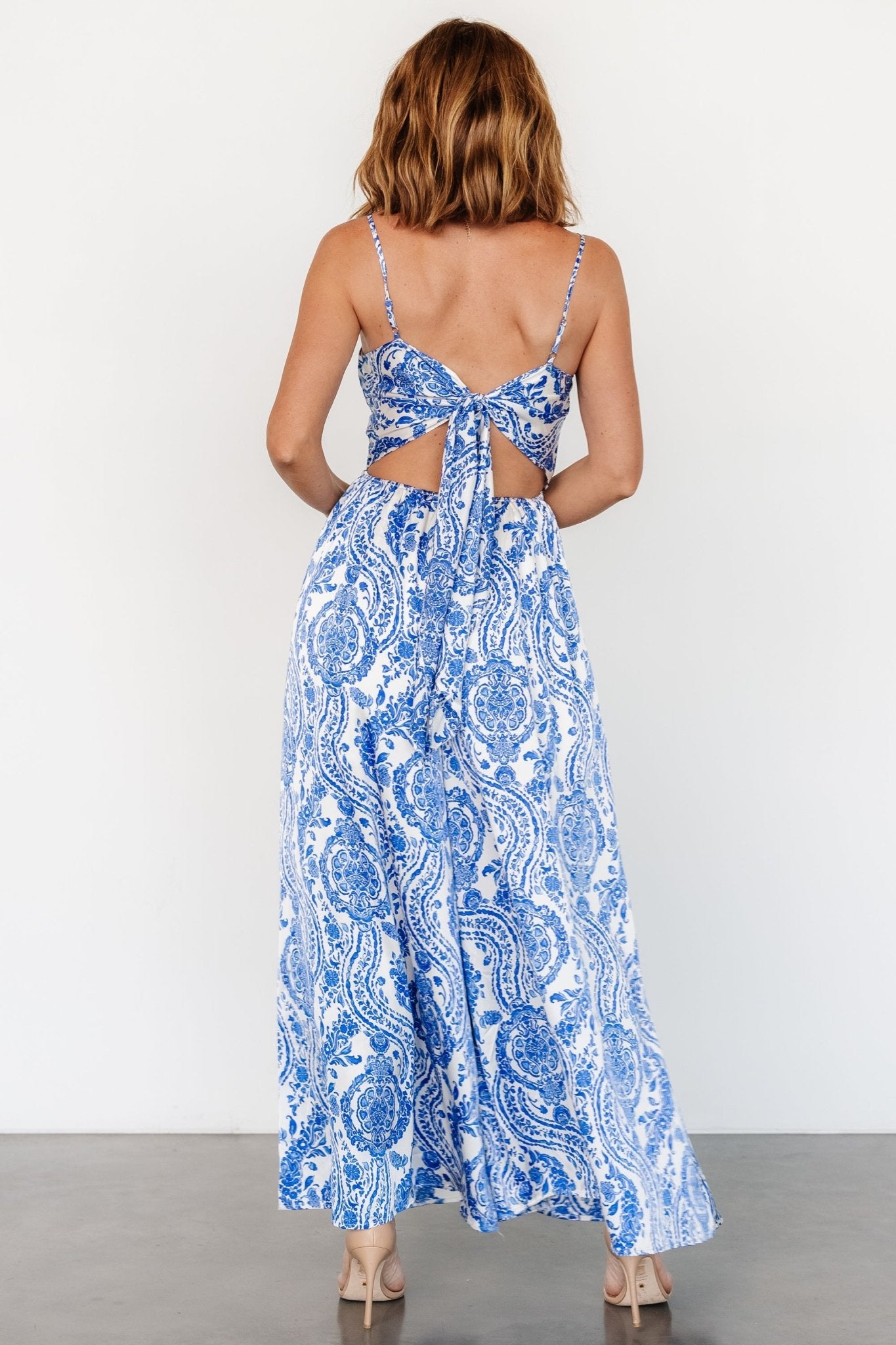 Evia Satin Jumpsuit with Adjustable Straps & Pockets - Blue Print