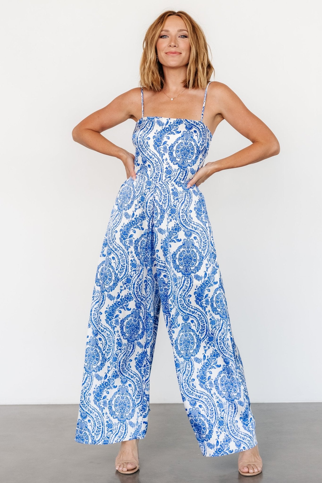 Evia Satin Jumpsuit with Adjustable Straps & Pockets - Blue Print