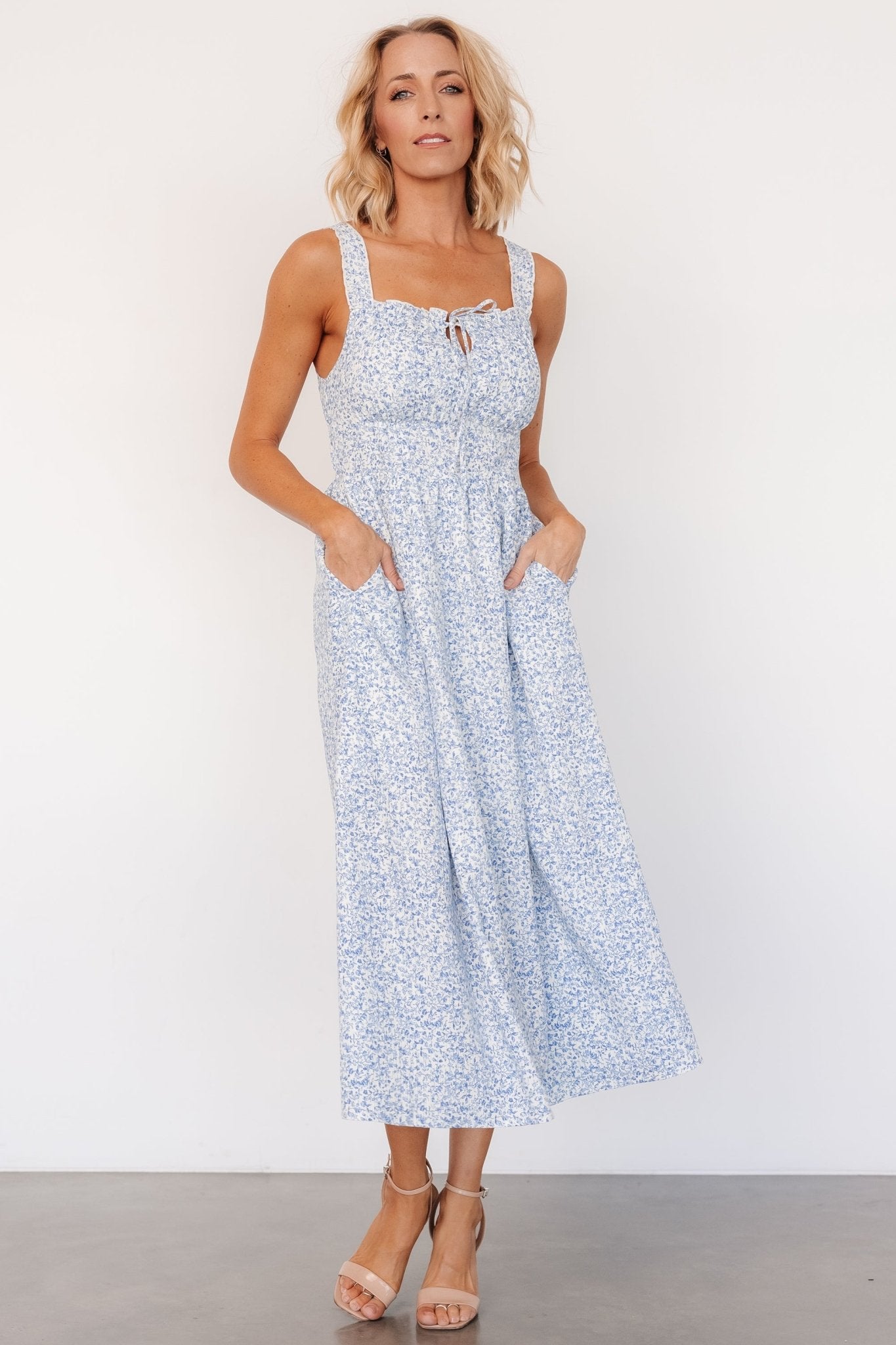 Blue Floral Evonne Midi Dress with Hidden Pockets & Ruffled Sleeves