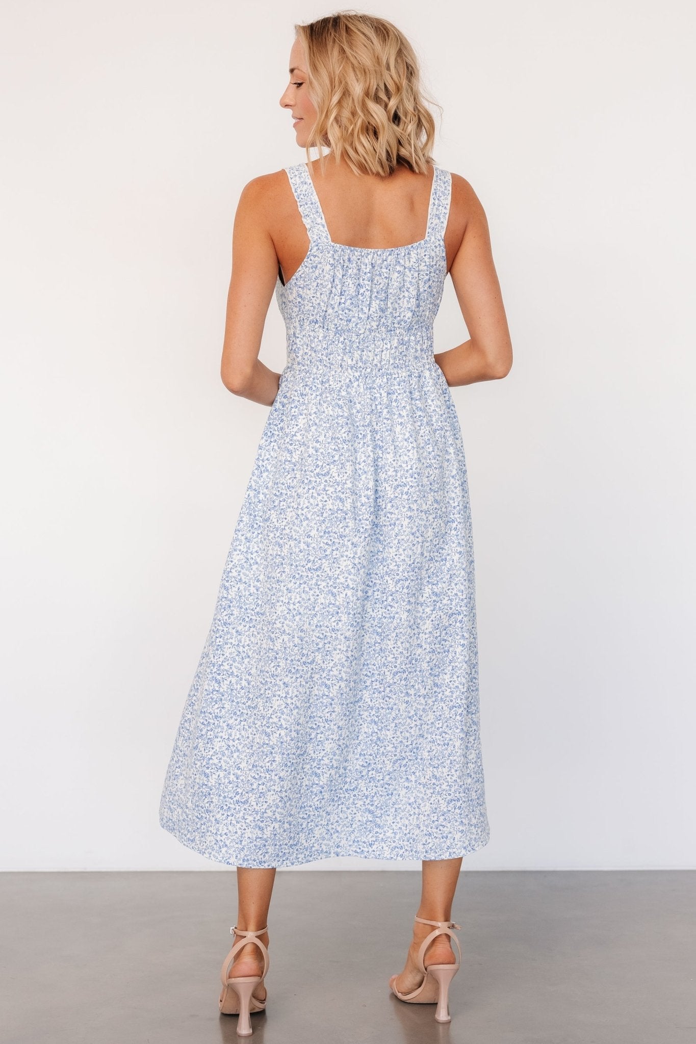 Blue Floral Evonne Midi Dress with Hidden Pockets & Ruffled Sleeves