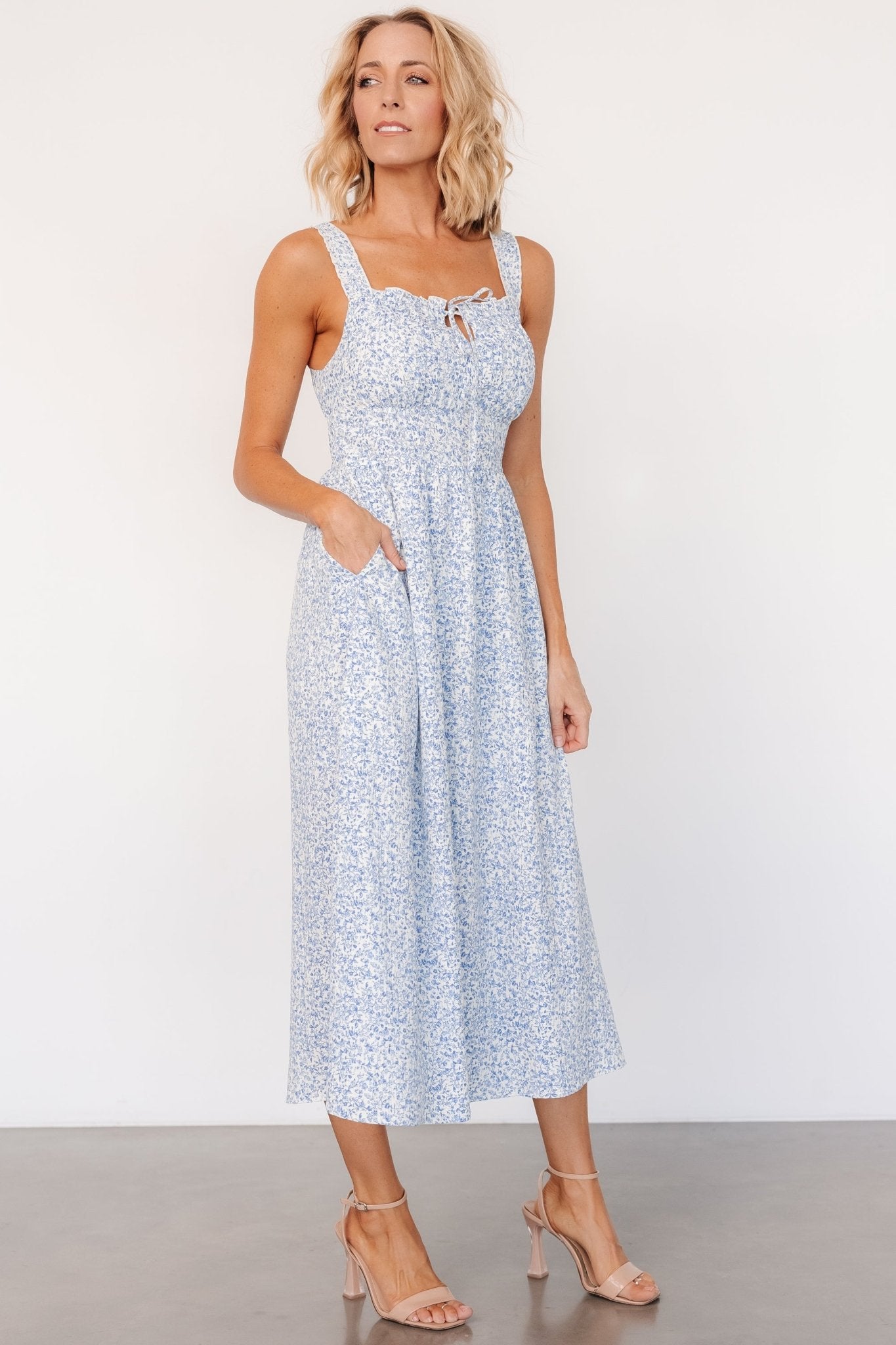 Blue Floral Evonne Midi Dress with Hidden Pockets & Ruffled Sleeves