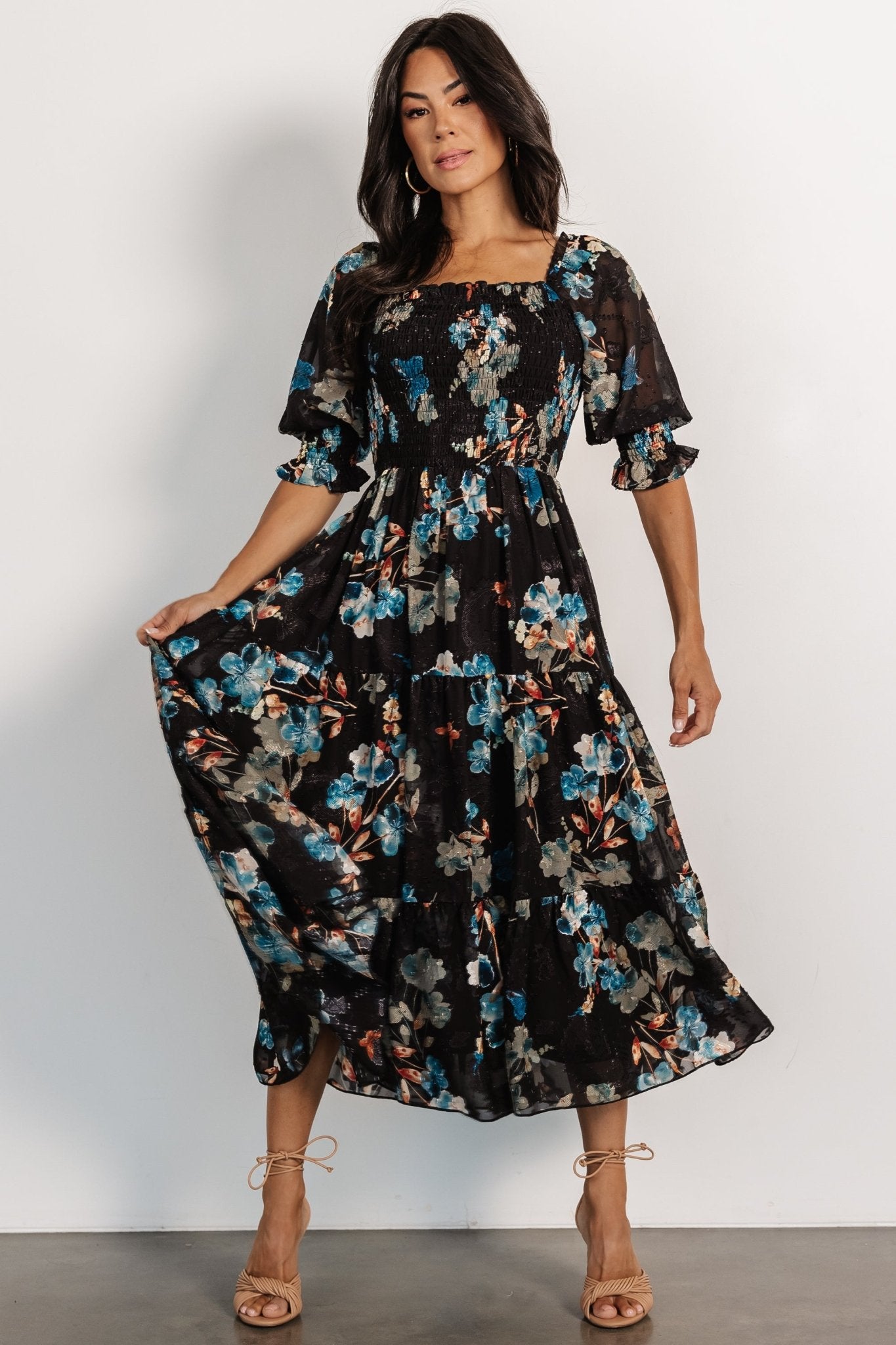 Baltic Born Jacquard Midi Dress with Smocked Bodice & Ruffle Sleeves