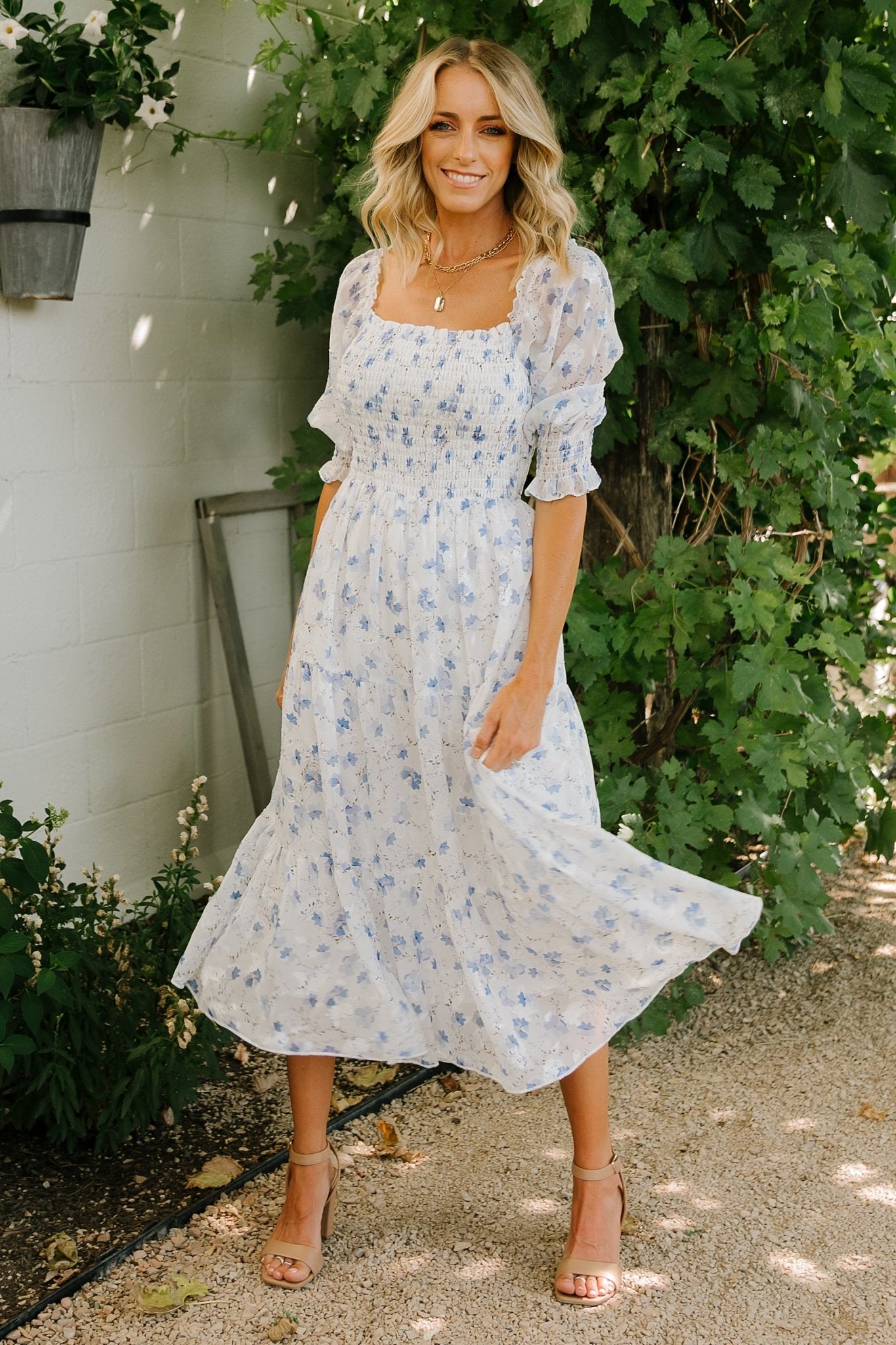 Baltic Born Blue Floral Jacquard Midi Dress with Smocked Bodice