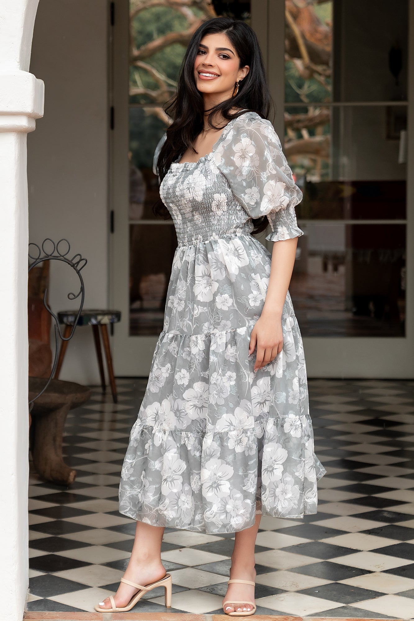 Baltic Born Jacquard Midi Dress with Smocked Bodice | Dusty Sage