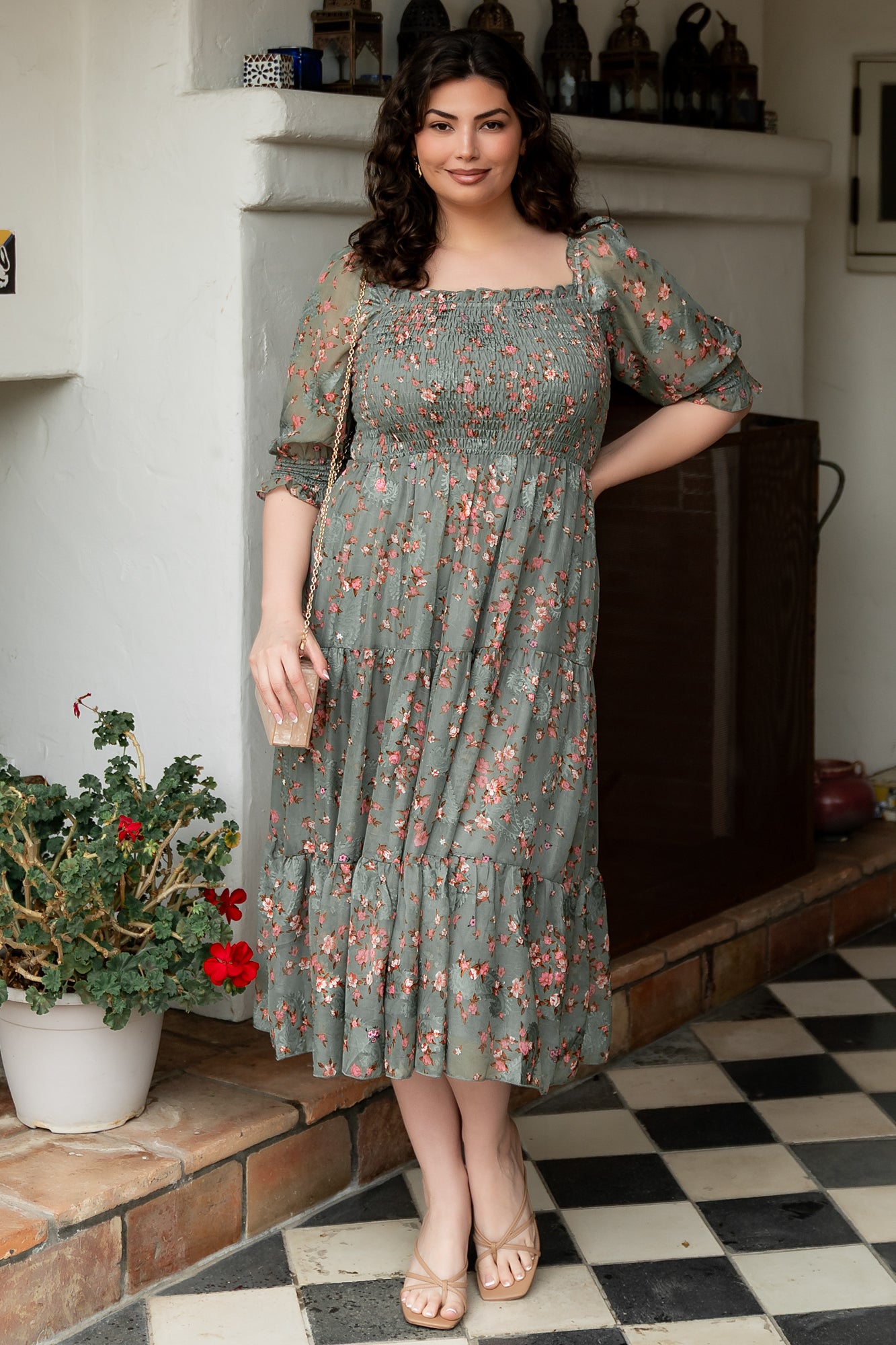 Baltic Born Jacquard Floral Midi Dress with Smocked Bodice