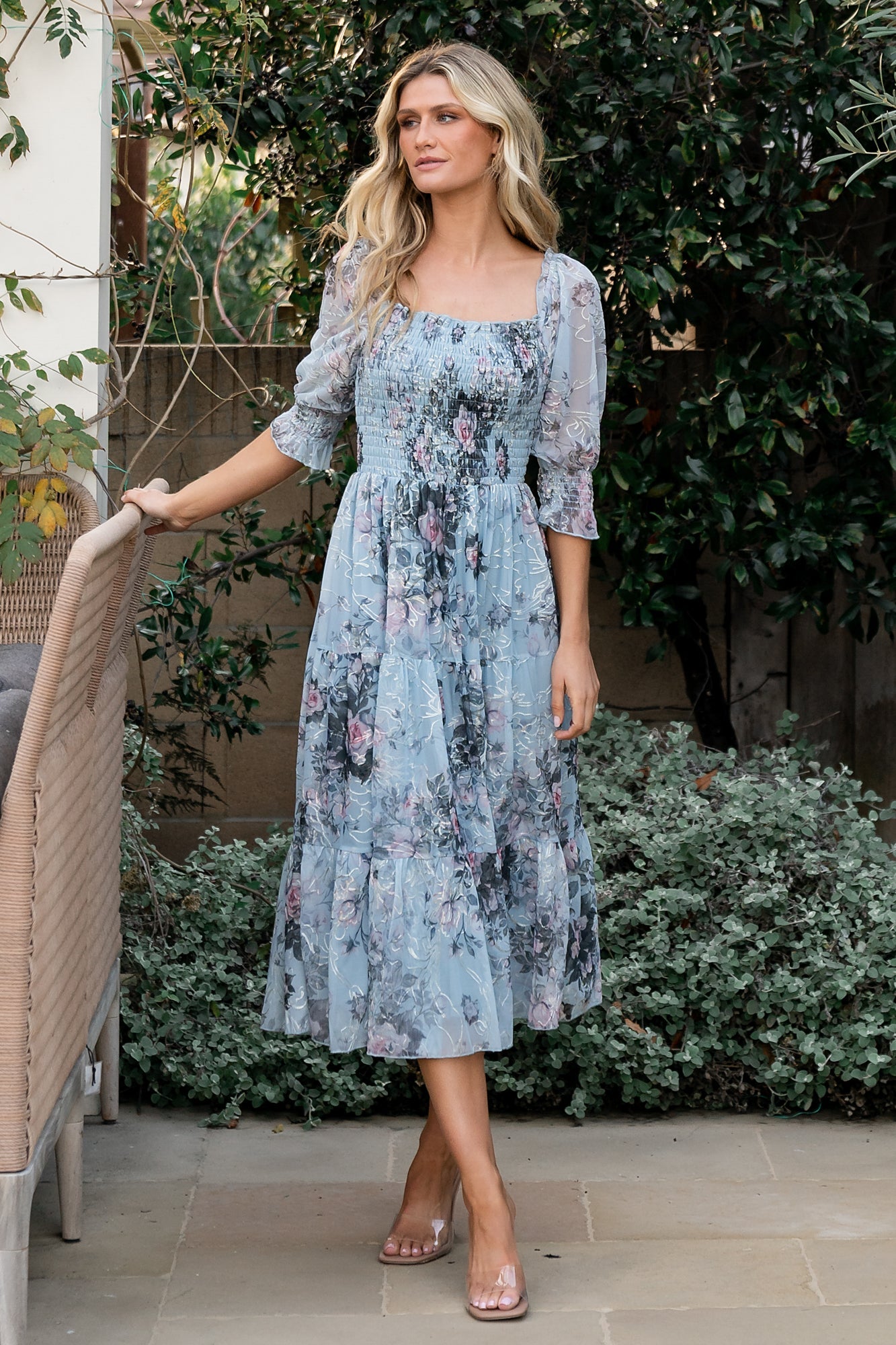 Light Blue Jacquard Midi Dress with Smocked Bodice – Baltic Born
