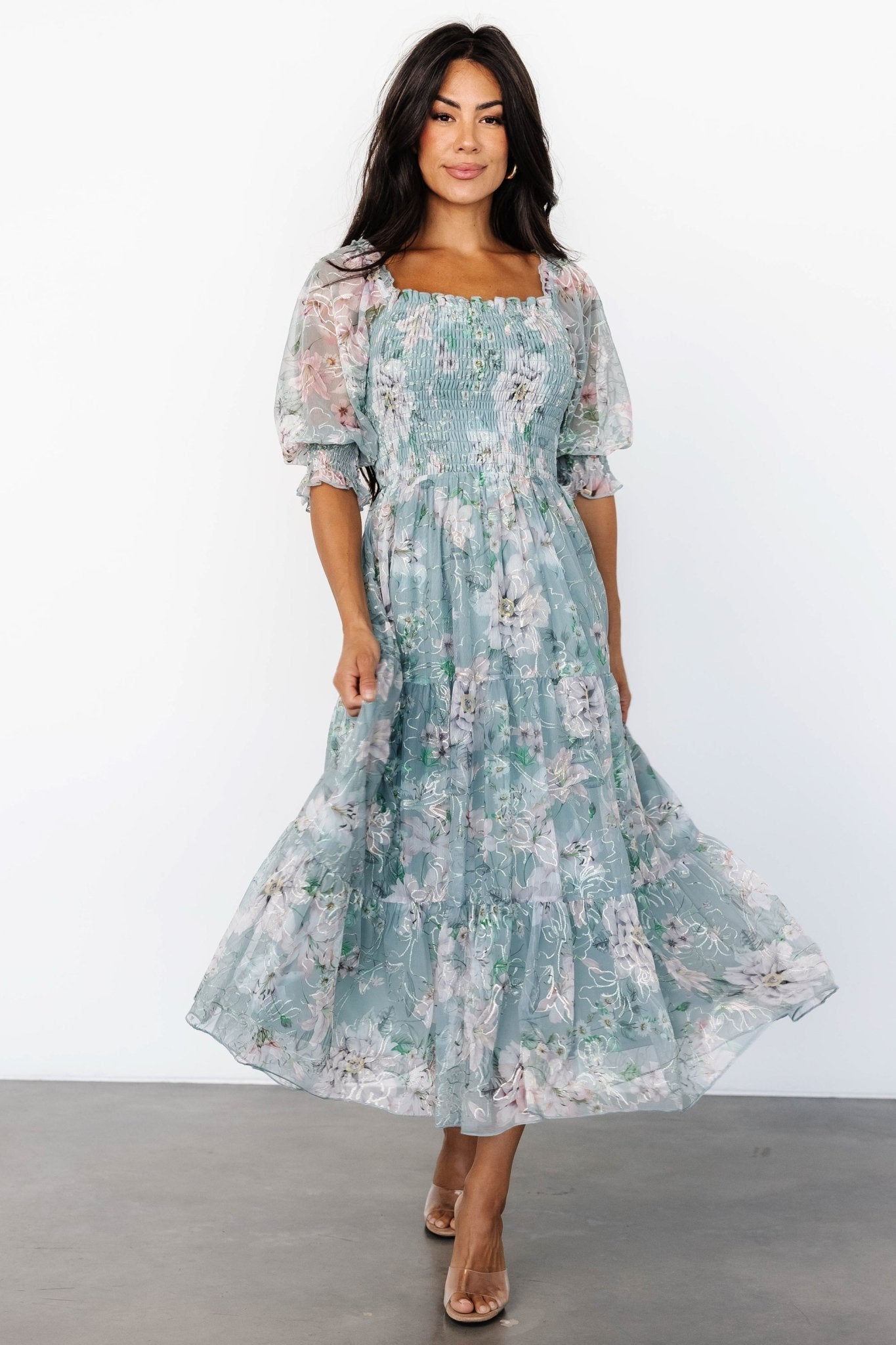 Light Sage Blush Jacquard Midi Dress with Smocked Bodice