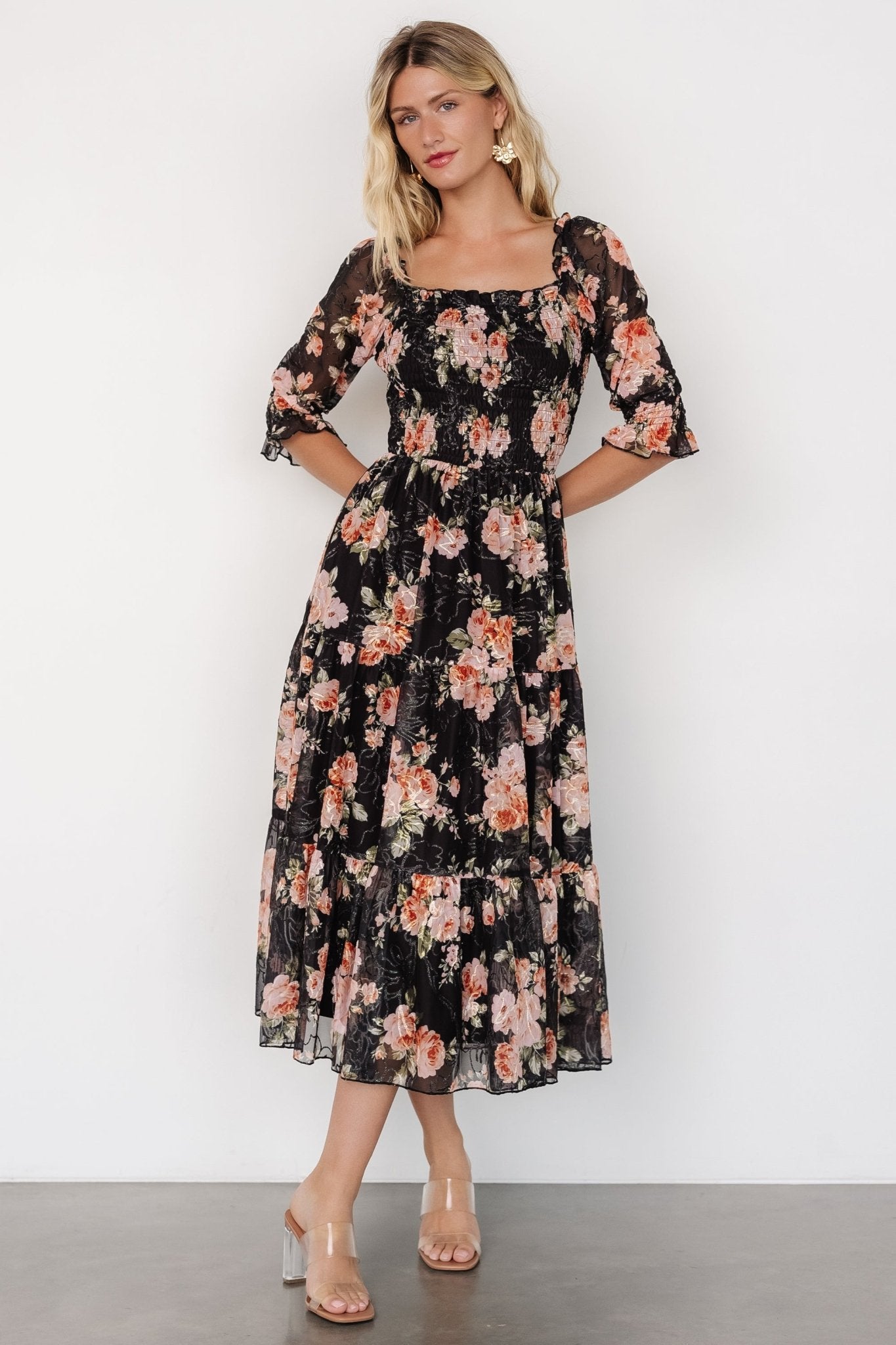 Peach Black Floral Jacquard Midi Dress - Baltic Born