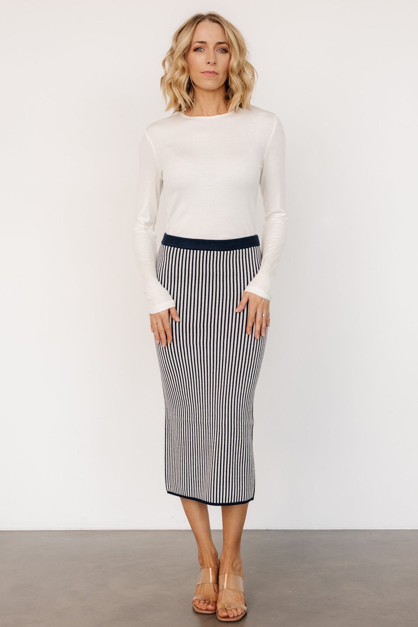 Alonso Navy Stripe Knit Midi Skirt with Stretch Waistband