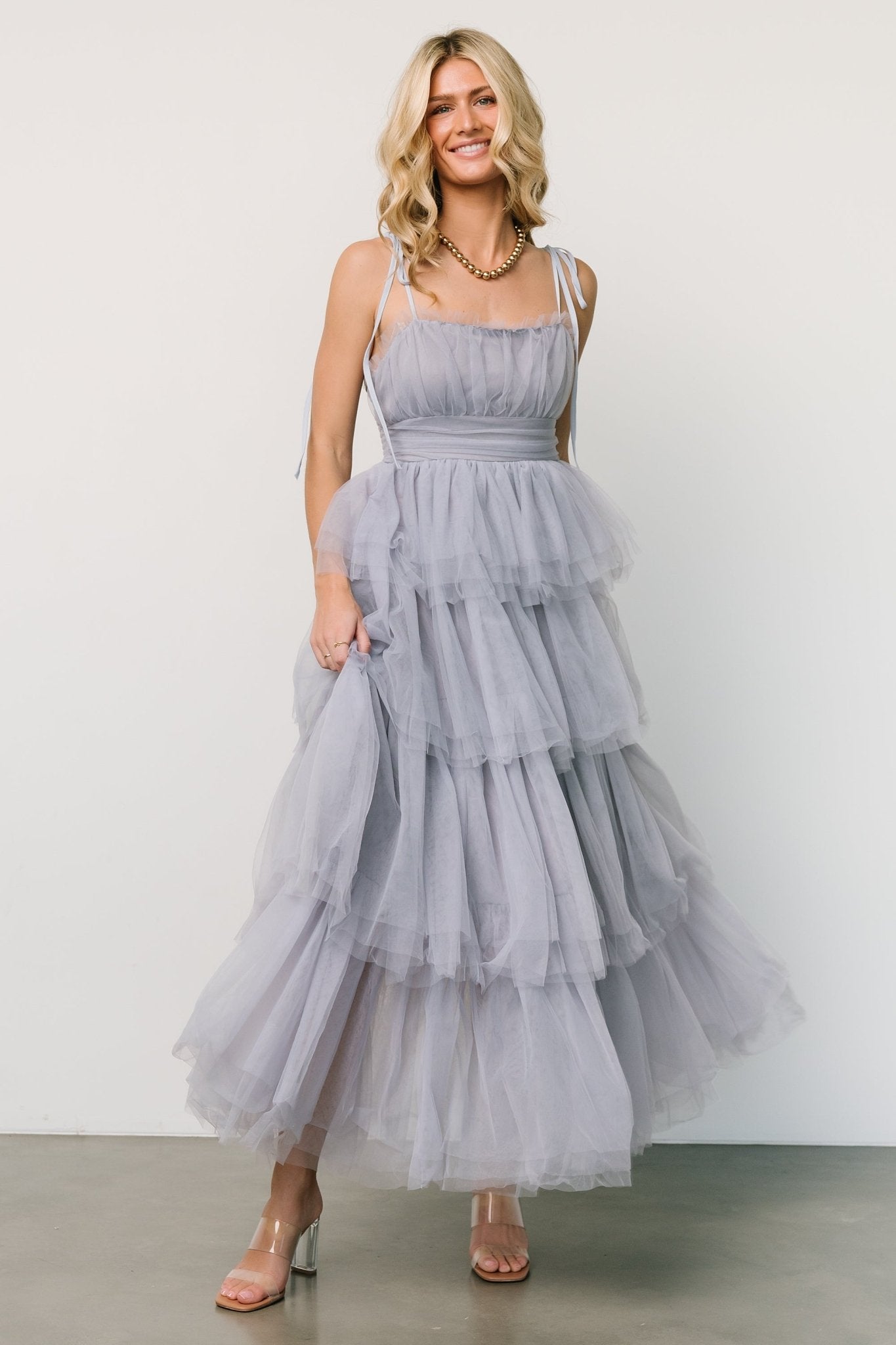 Alora Tulle Maxi Dress with Tiered Ruffles in Dusty Slate