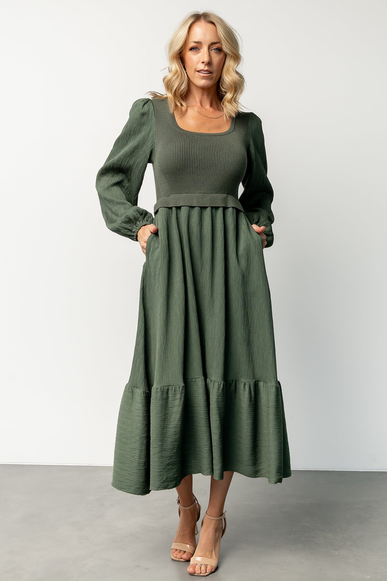 Balva Sweater Dress in Dusty Green with Ribbed Bodice & Pockets