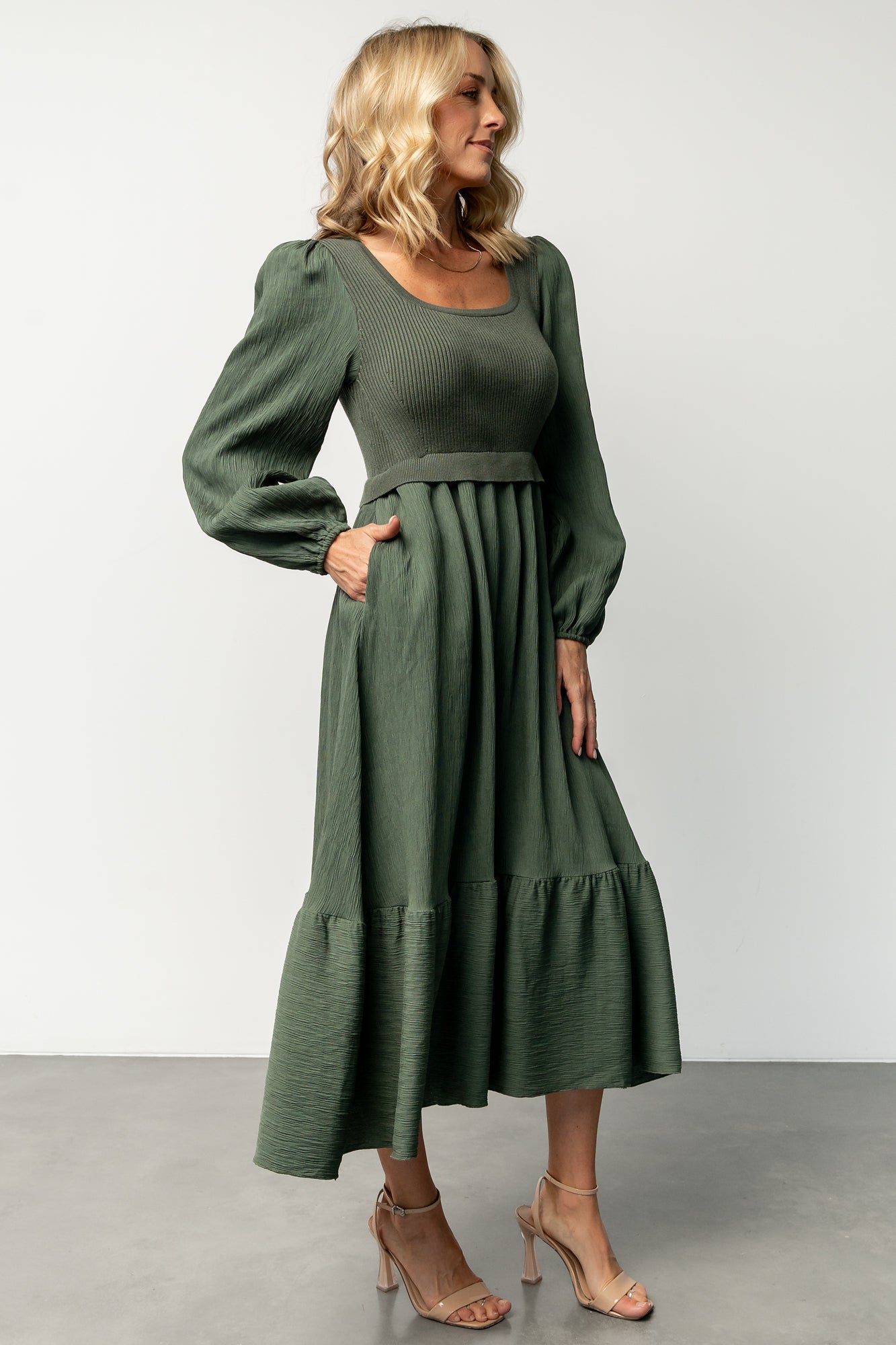 Balva Sweater Dress in Dusty Green with Ribbed Bodice & Pockets