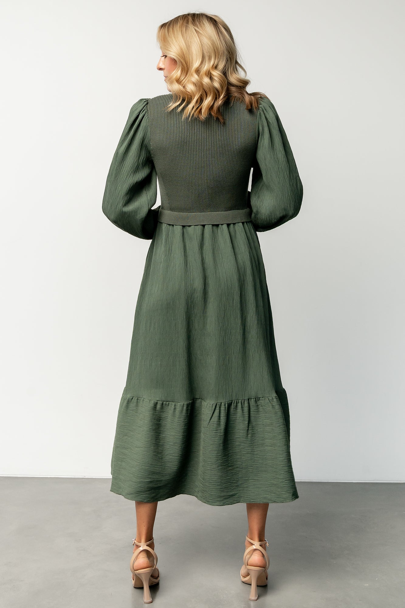 Balva Sweater Dress in Dusty Green with Ribbed Bodice & Pockets