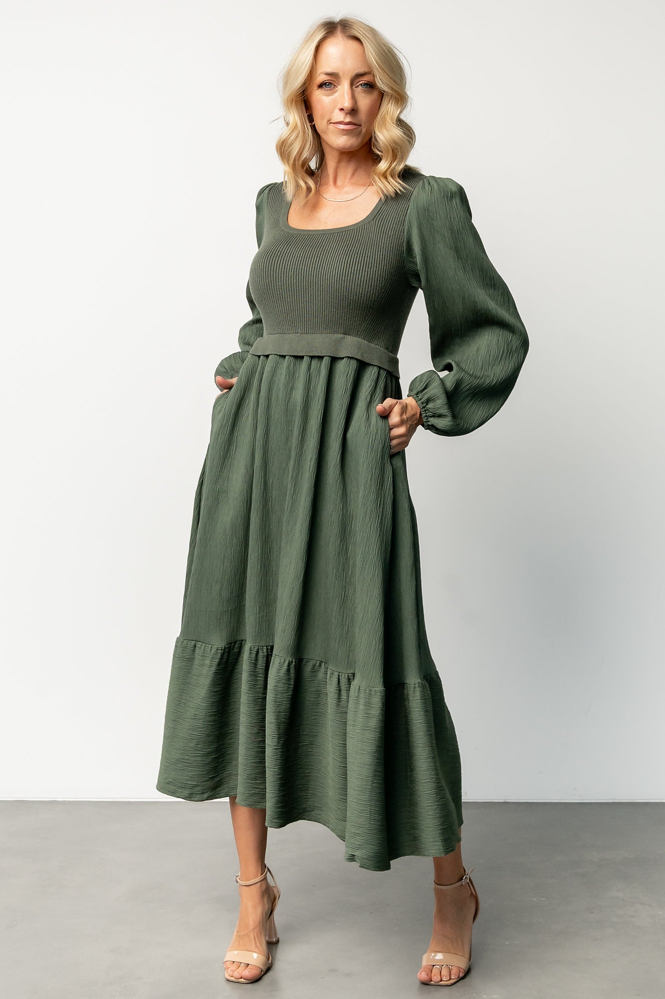 Balva Sweater Dress in Dusty Green with Ribbed Bodice & Pockets
