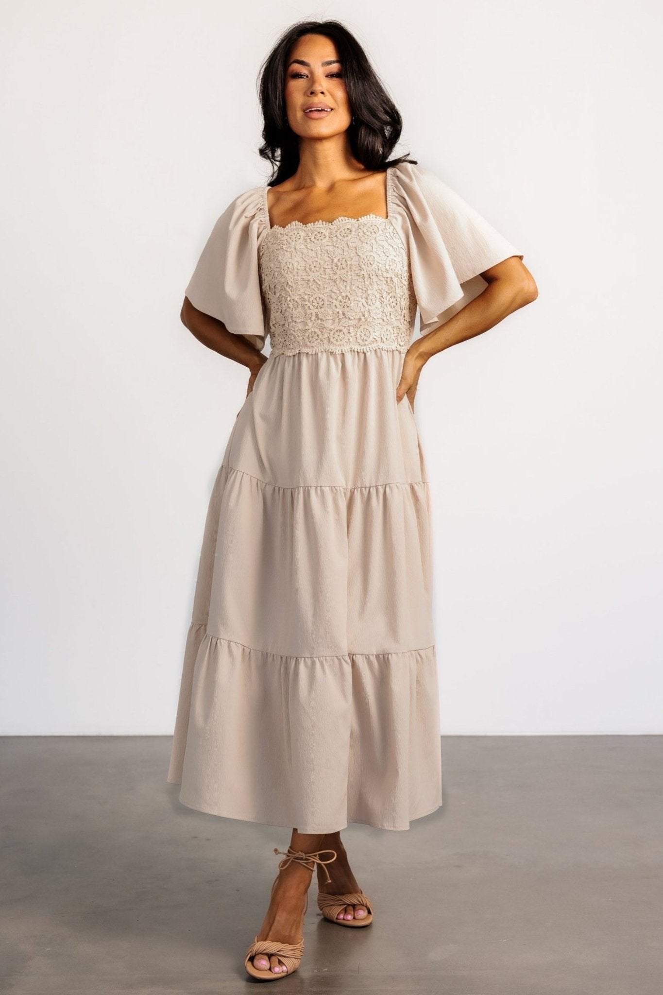 Women's Lace Midi Dress with Tiered Skirt & Hidden Pockets | Baltic Born