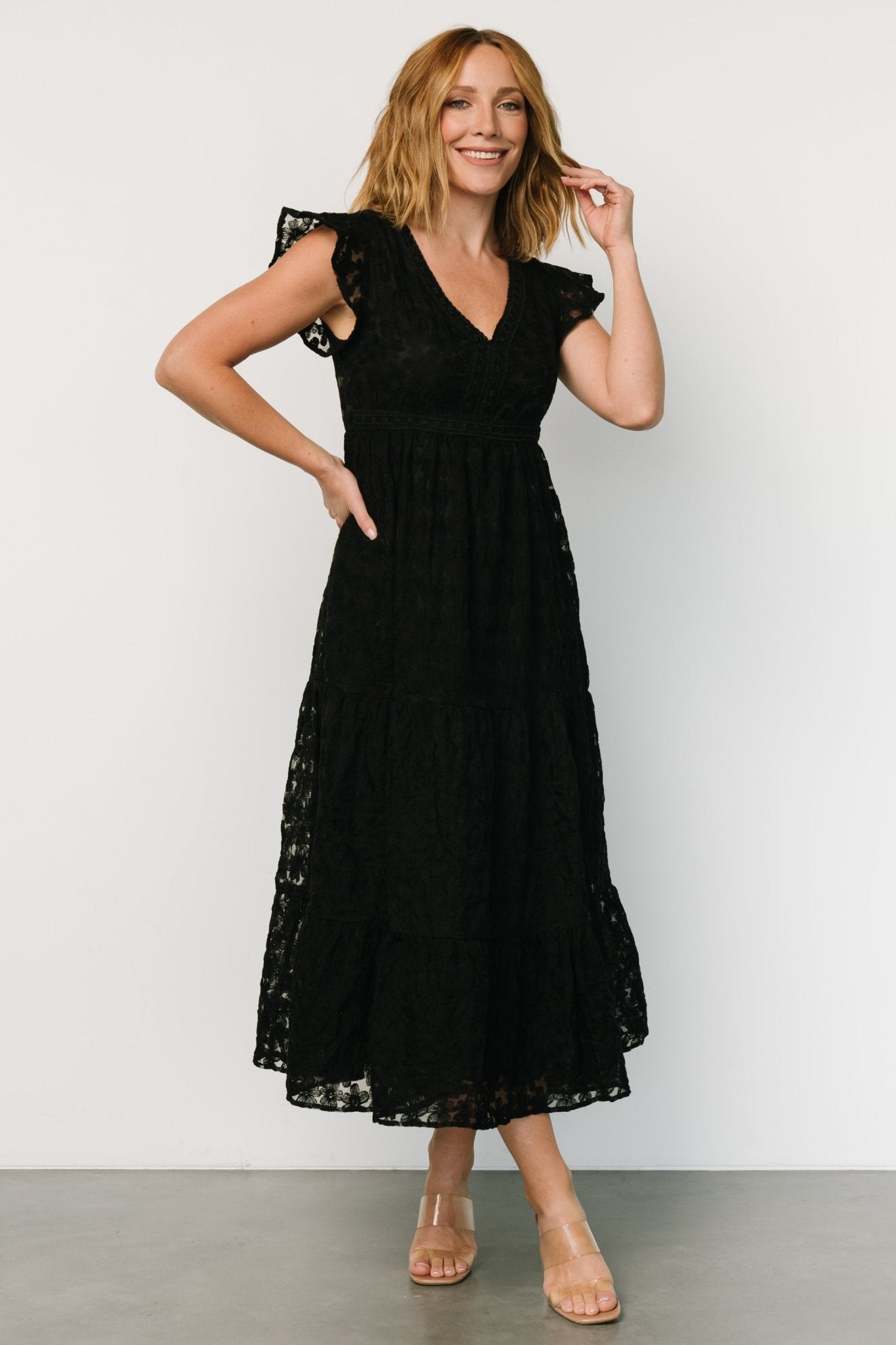 Black Ferrara Lace Maxi Dress with Floral Embroidery | V-Neck Formal Gown